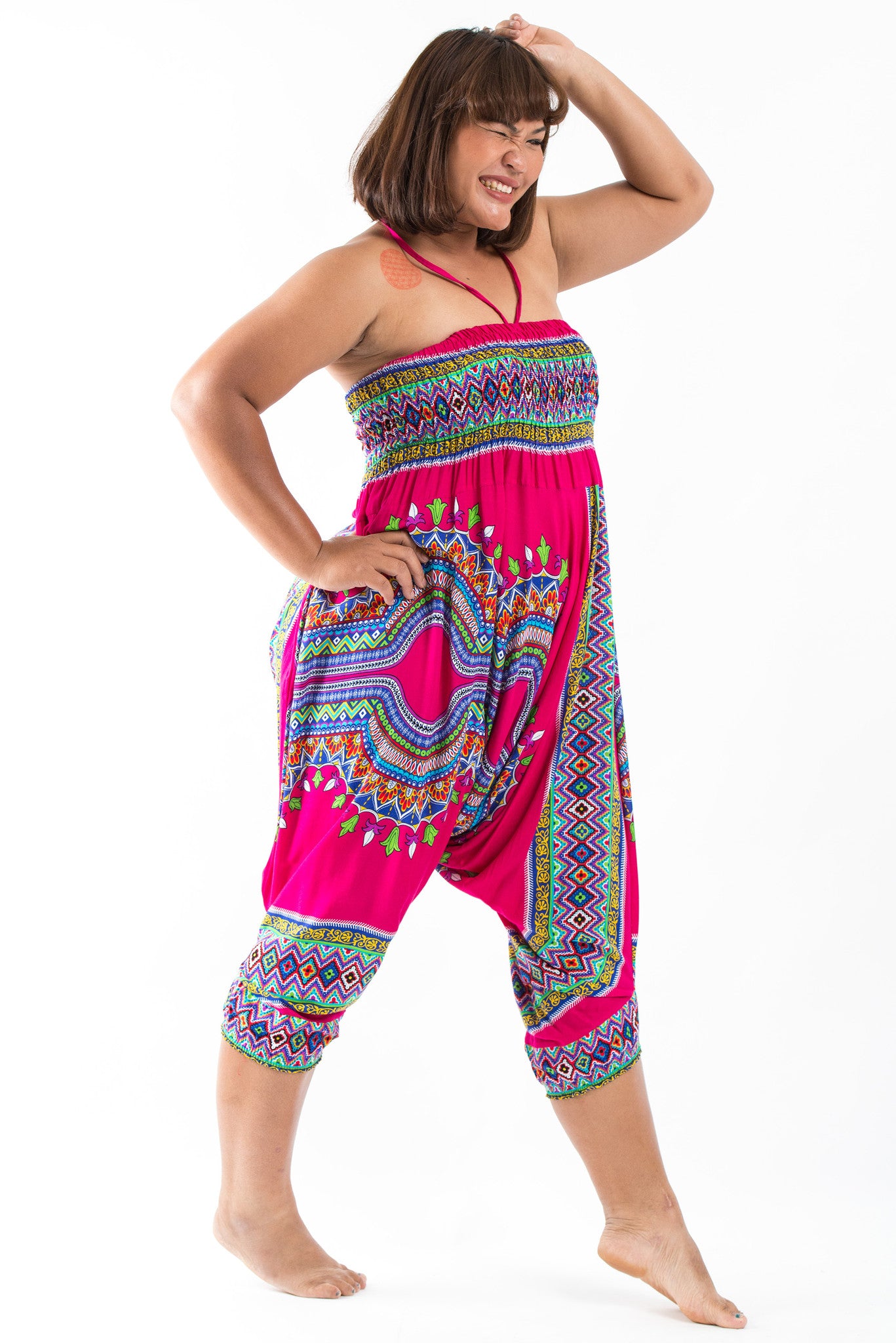 Plus Size Dashiki Prints 2-in-1 Jumpsuit Harem Pants in Pink