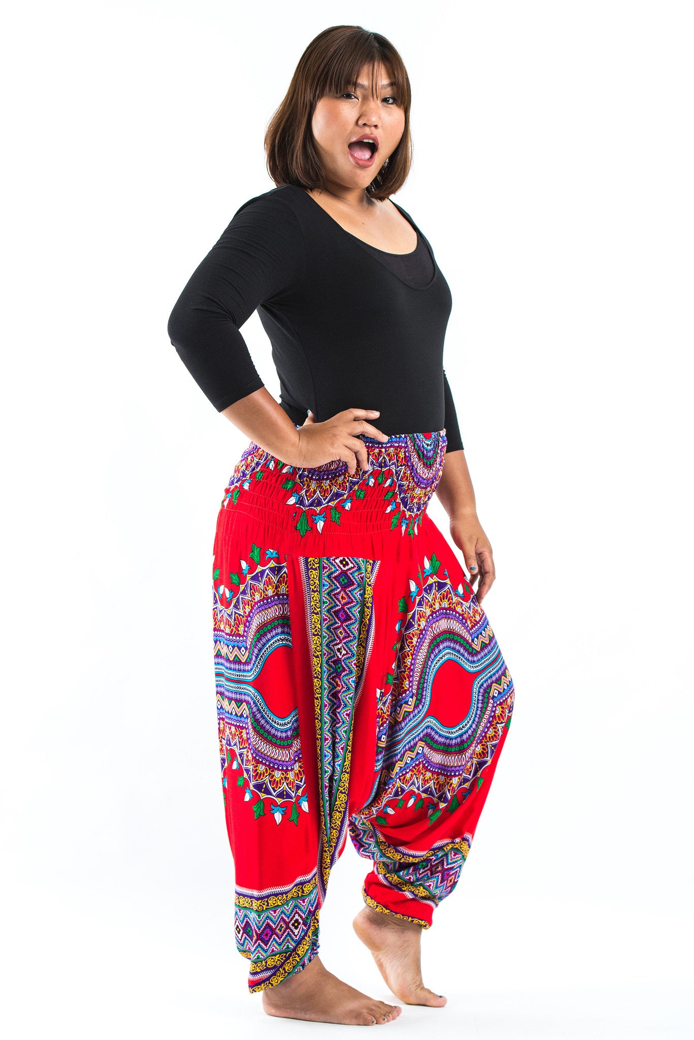 Plus Size Dashiki Prints 2-in-1 Jumpsuit Harem Pants in Red