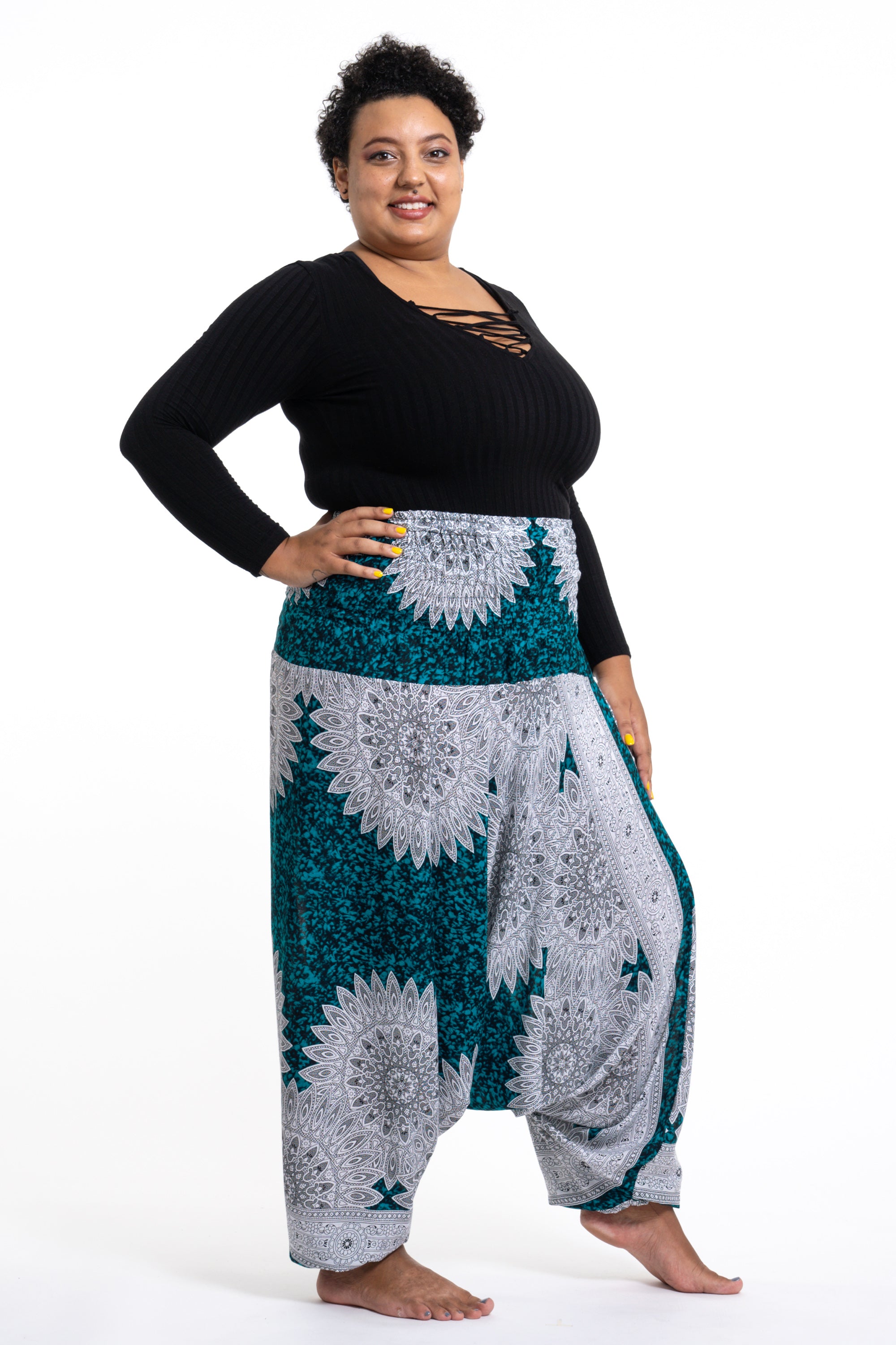 Plus Size Marble Mandalas 2-in-1 Jumpsuit Harem Pants in Turquoise