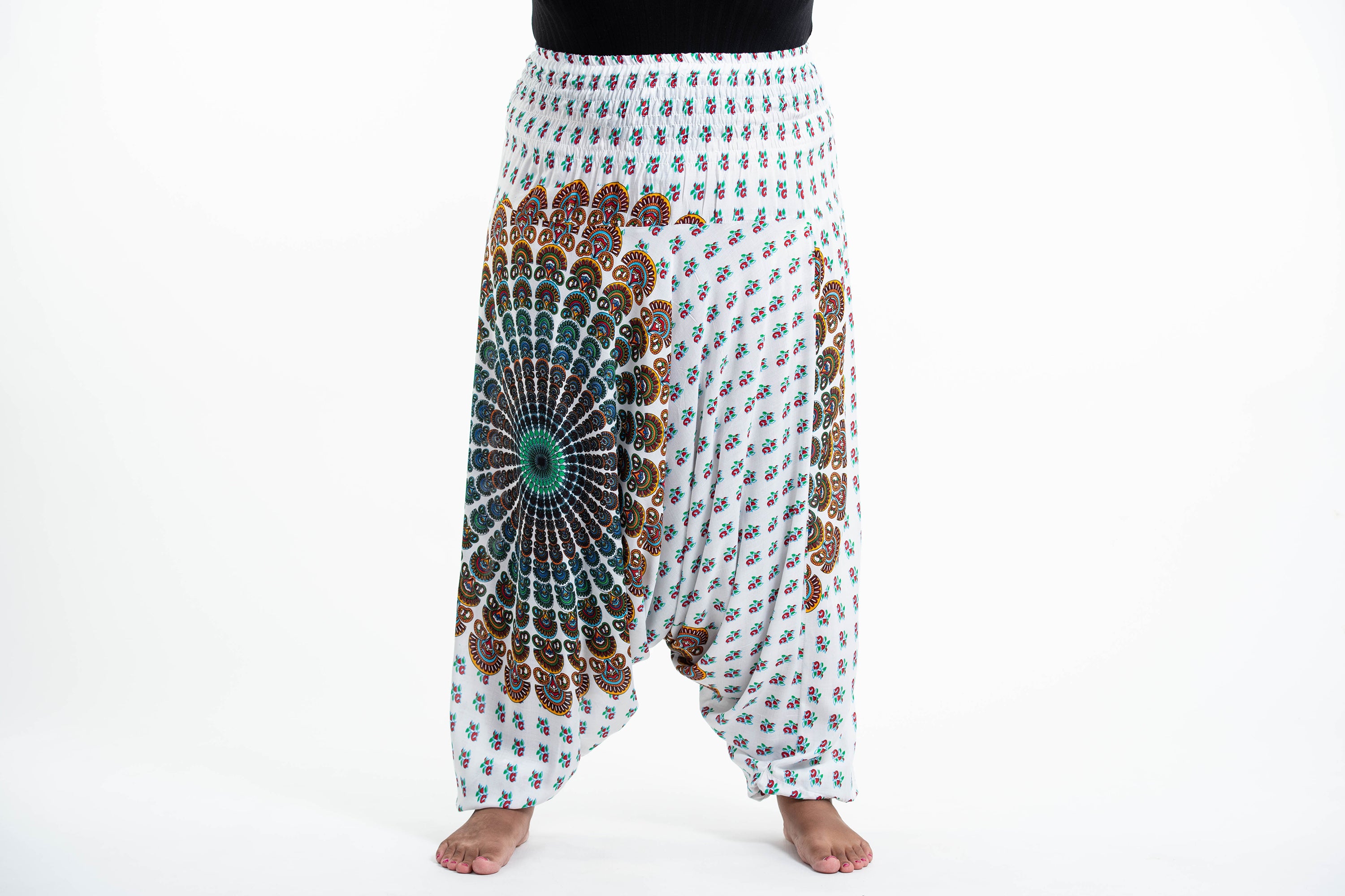 Plus Size Peacock Mandalas 2-in-1 Jumpsuit Harem Pants in White