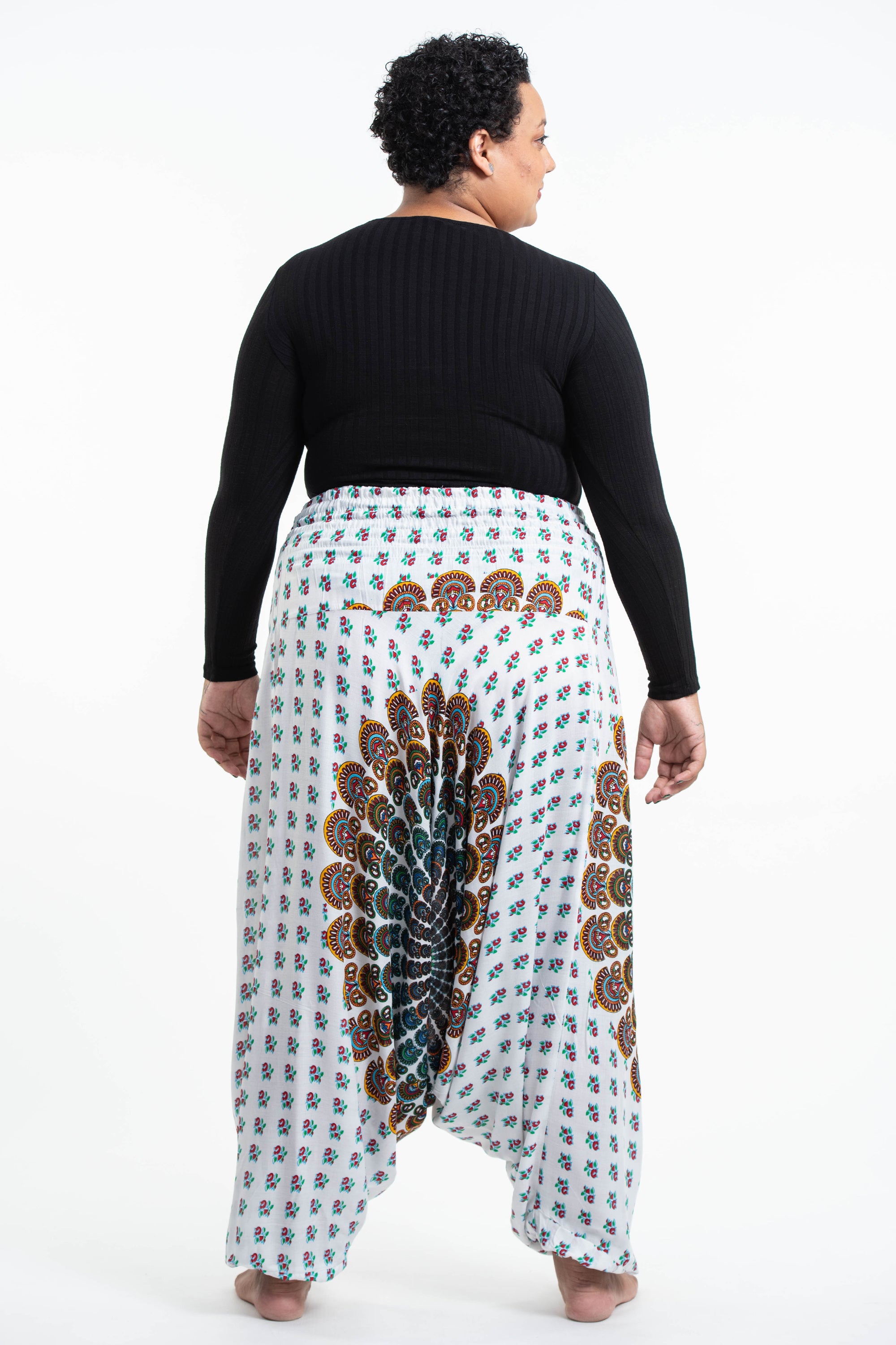 Plus Size Peacock Mandalas 2-in-1 Jumpsuit Harem Pants in White