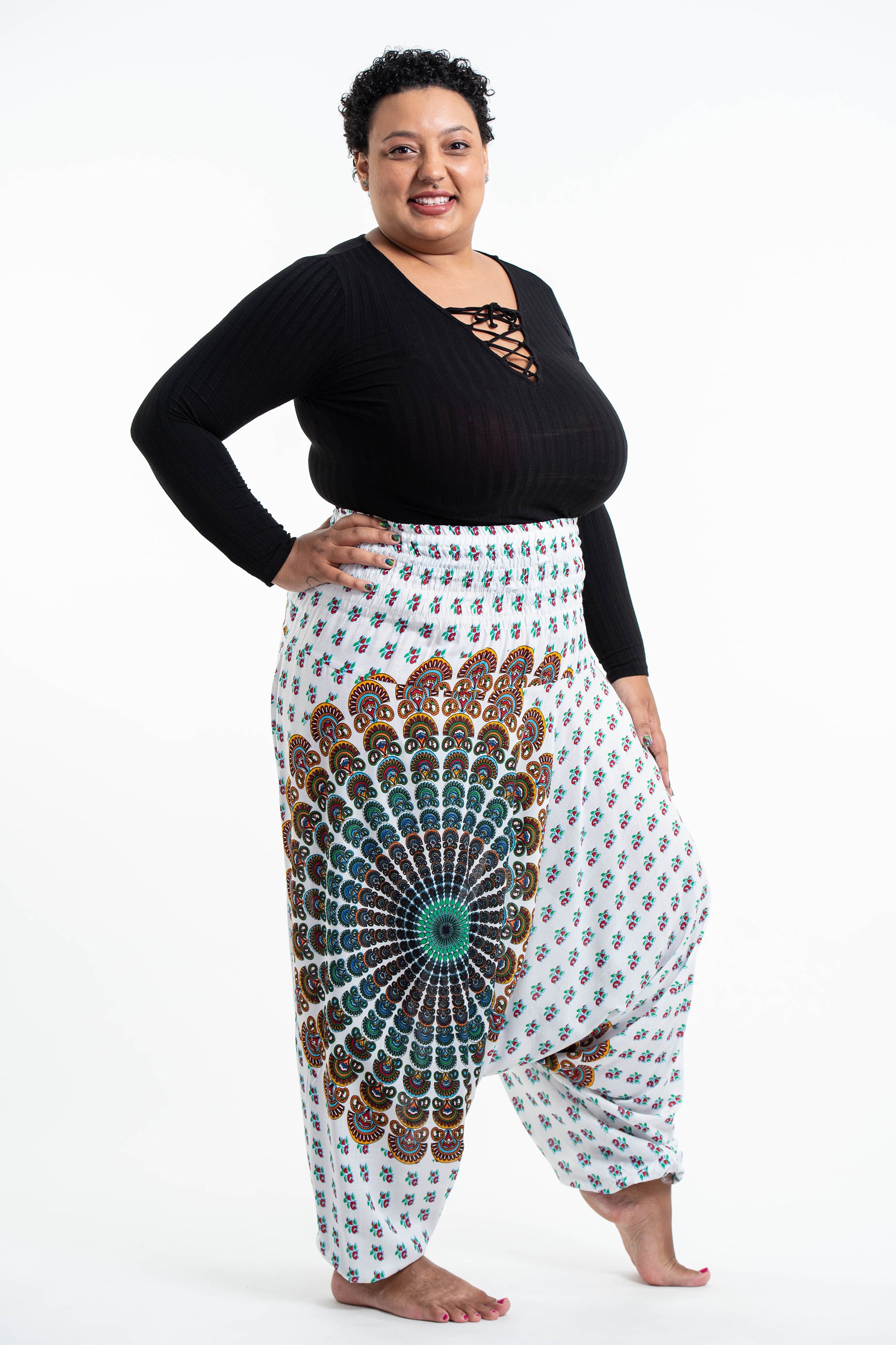 Plus Size Peacock Mandalas 2-in-1 Jumpsuit Harem Pants in White