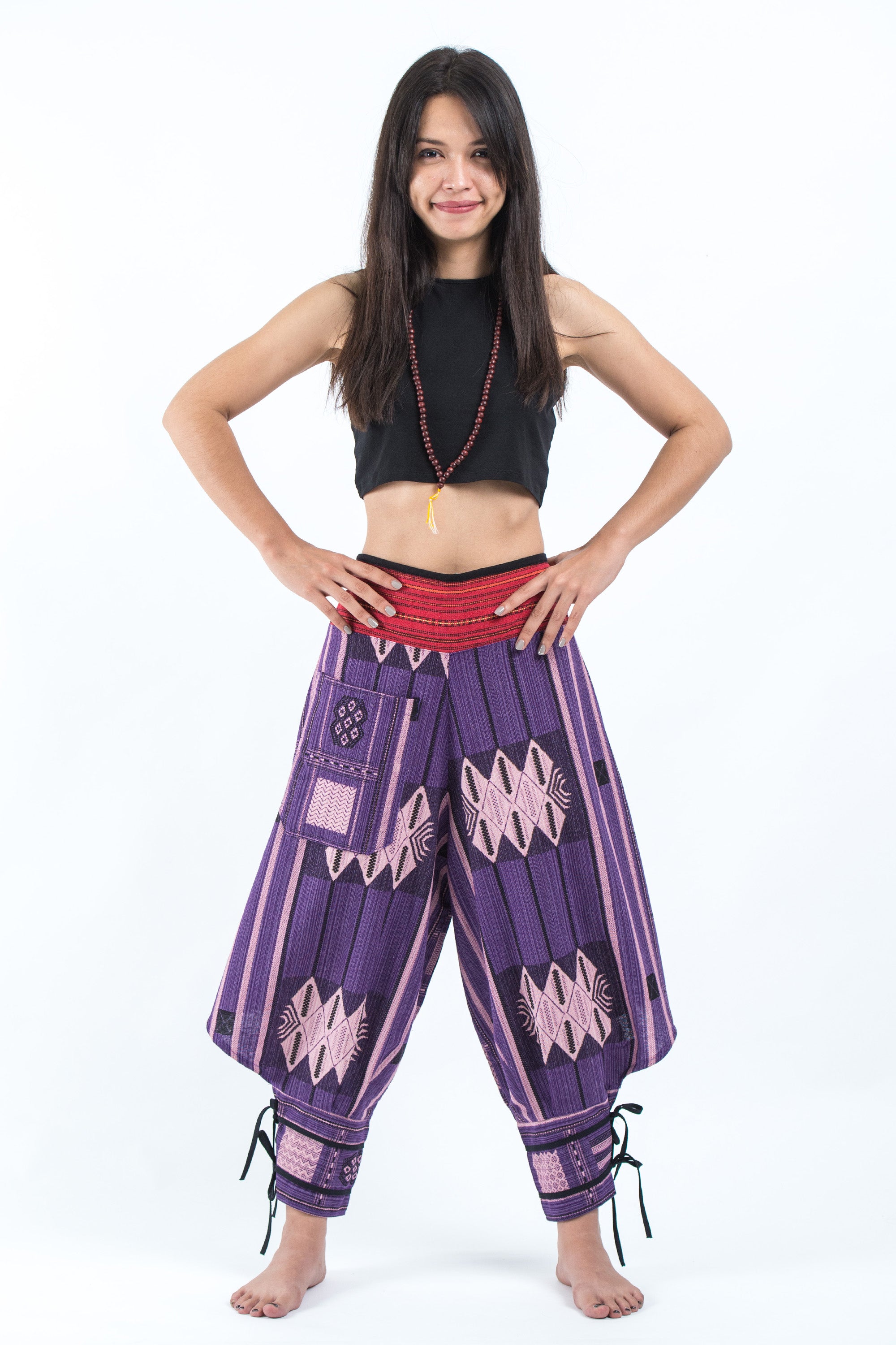Thai Hill Tribe Fabric Women's Harem Pants with Ankle Straps in Purple