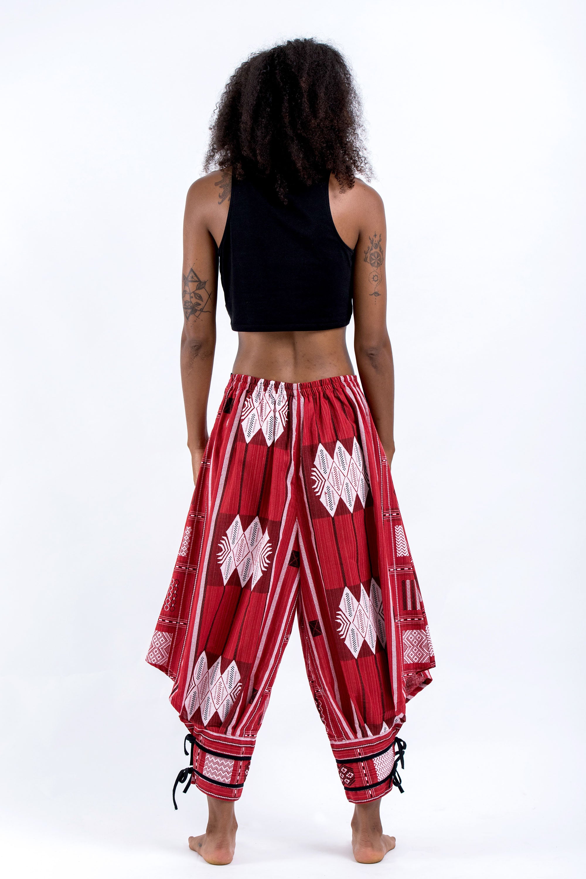Woven Prints Thai Hill Tribe Fabric Women's Harem Pants with Ankle Str