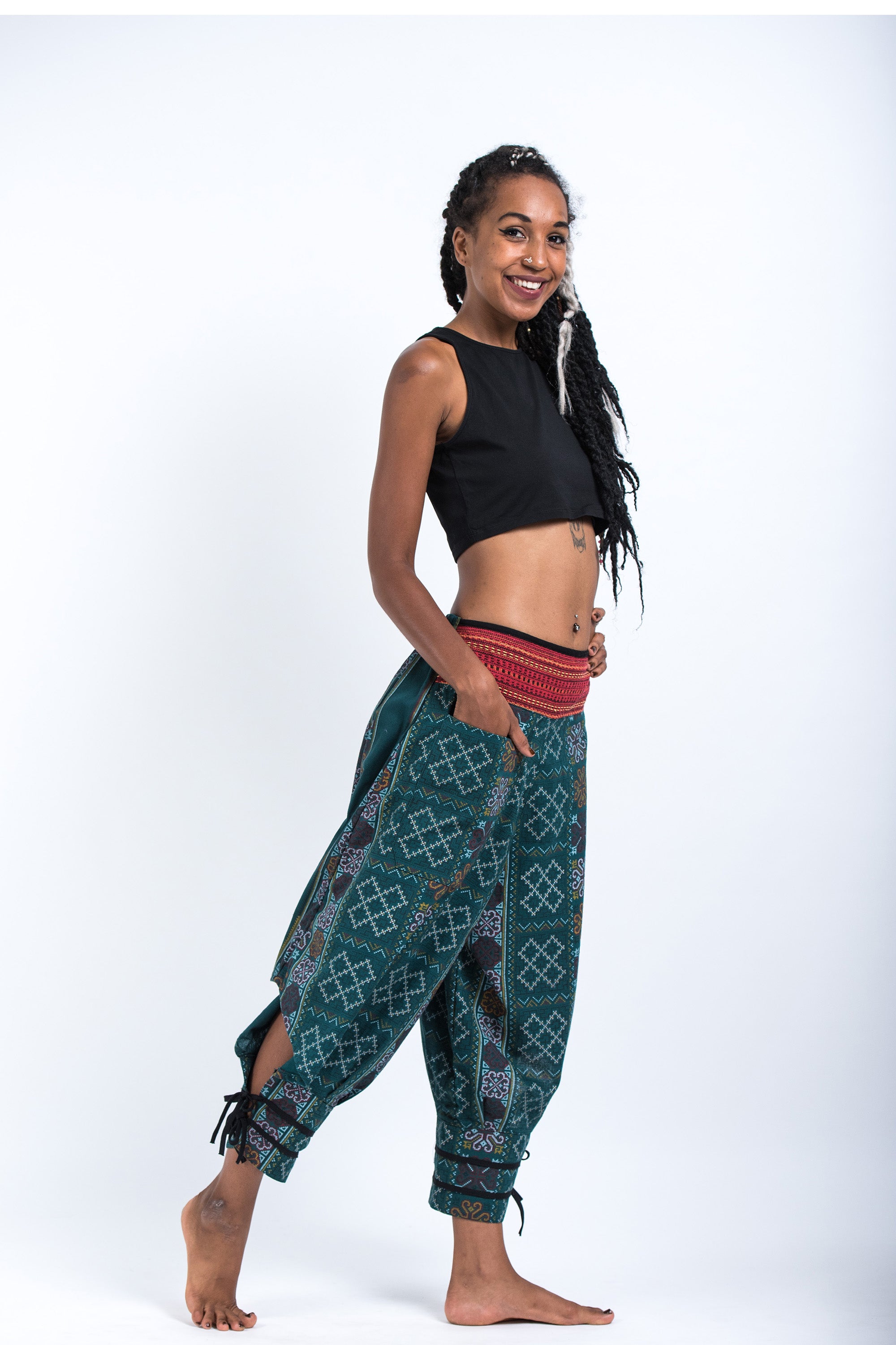 Clovers Thai Hill Tribe Fabric Women's Harem Pants with Ankle Straps i