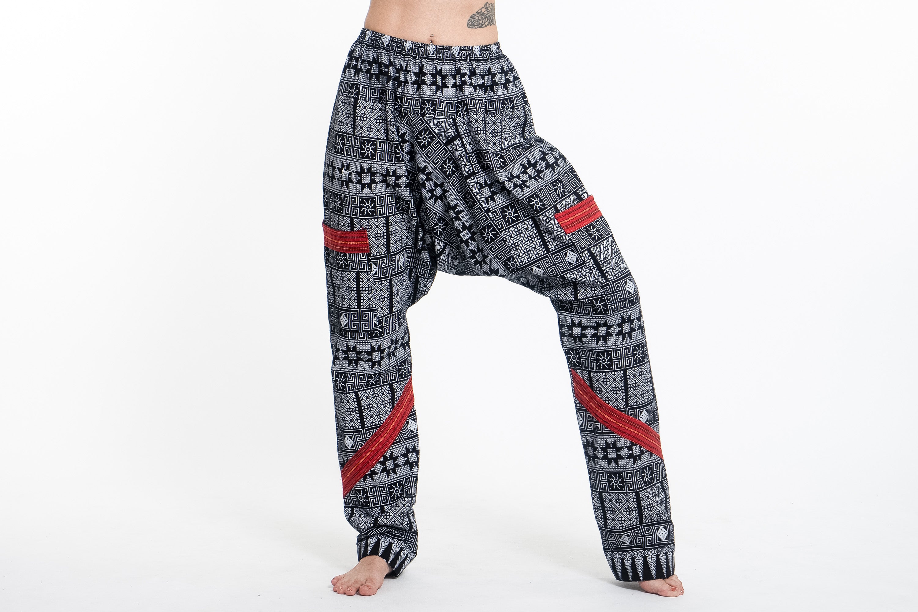 Traditional Print Thai Hill Tribe Fabric Women's Slim Cut Harem Pants in Black and White