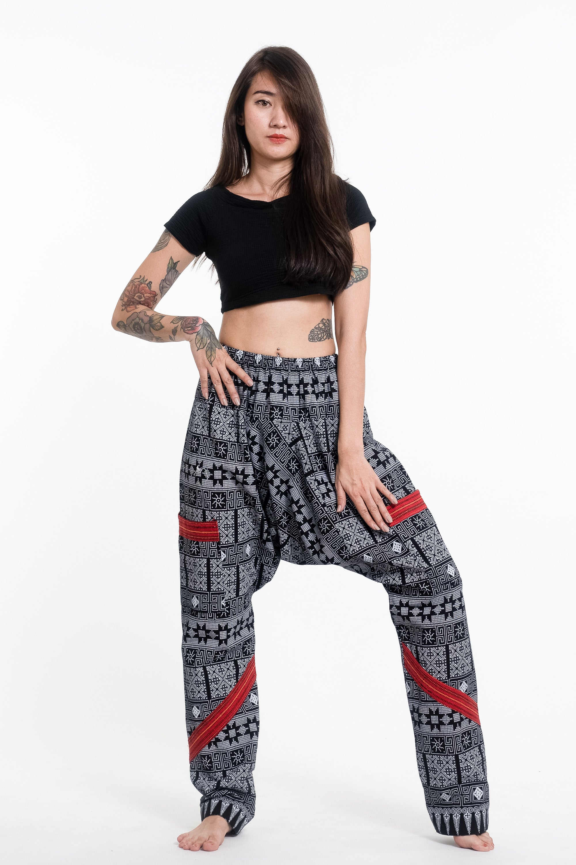 Traditional Print Thai Hill Tribe Fabric Women's Slim Cut Harem Pants in Black and White
