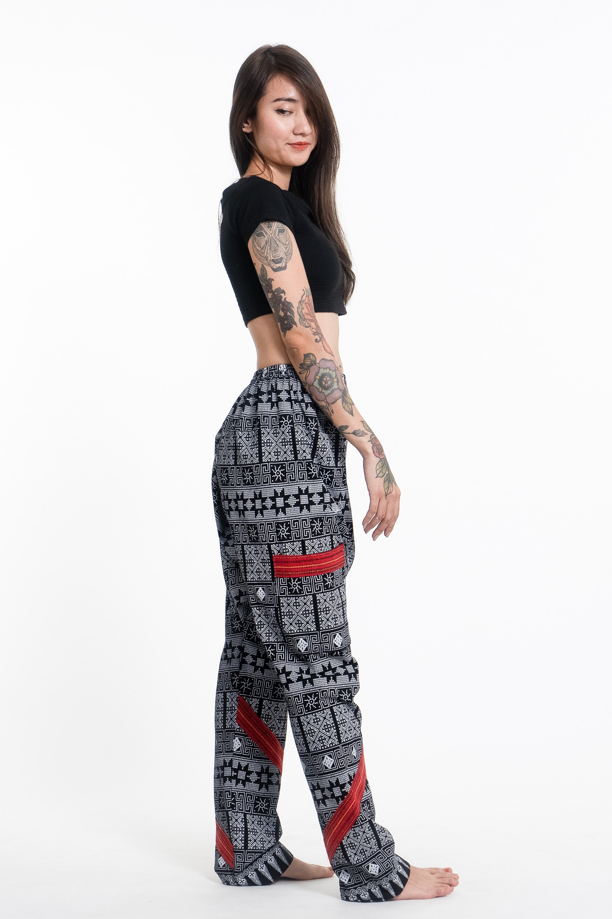 Traditional Print Thai Hill Tribe Fabric Women's Slim Cut Harem Pants in Black and White