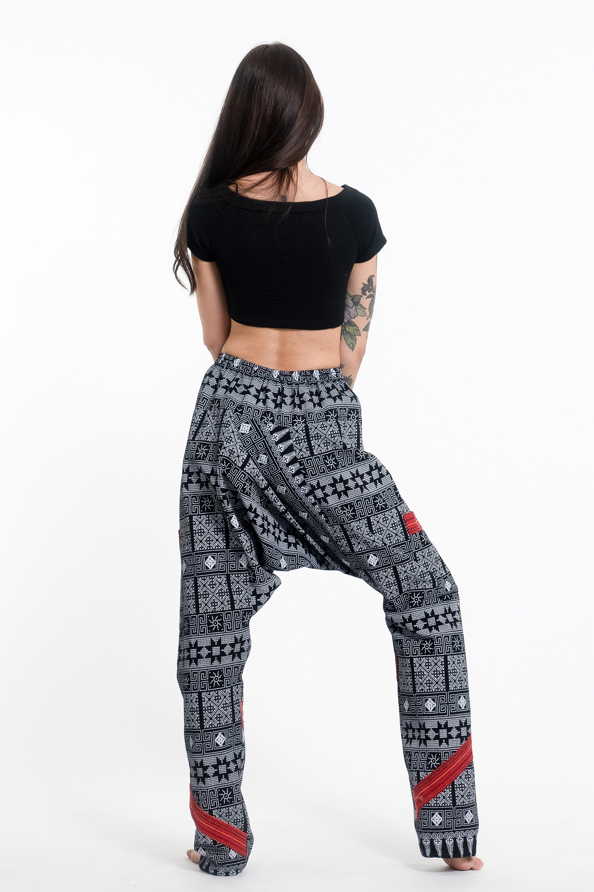 Traditional Print Thai Hill Tribe Fabric Women's Slim Cut Harem Pants in Black and White