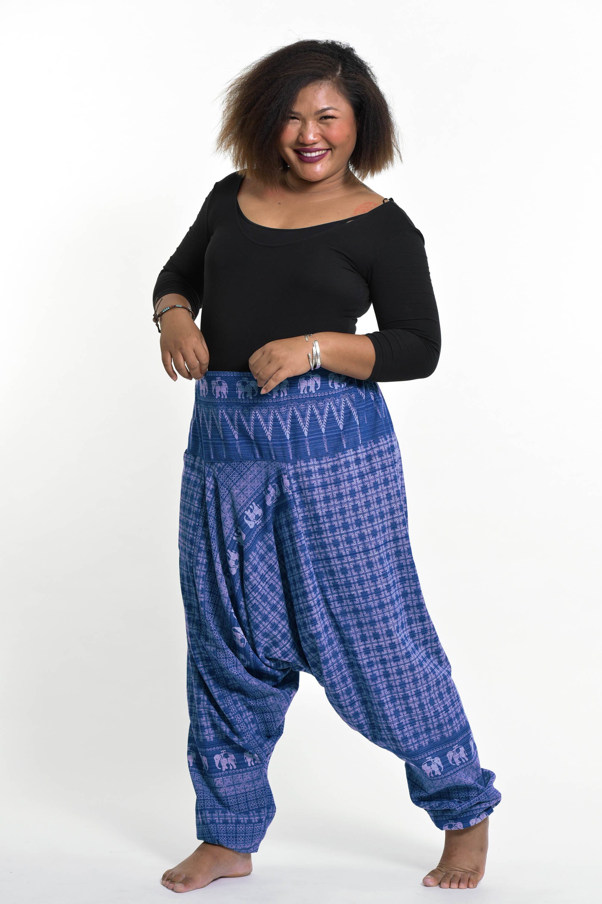 Plus Size Hill Tribe Elephant Women's Elephant Pants in Blue