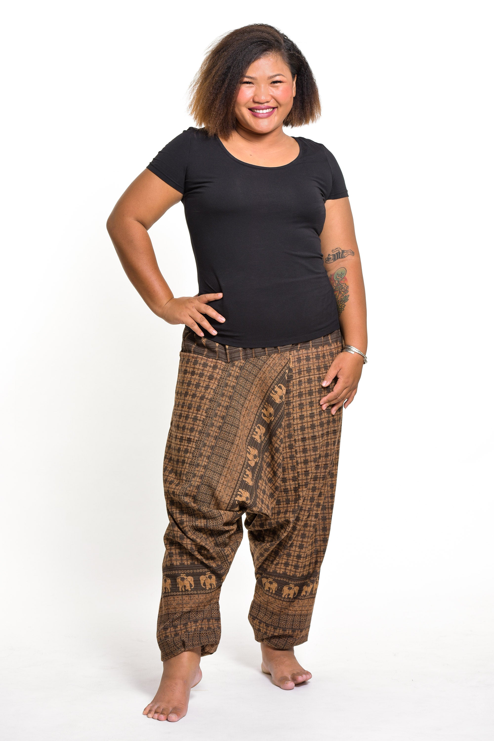 Plus Size Hill Tribe Elephant Women s Elephant Pants in Brown Harem Pants