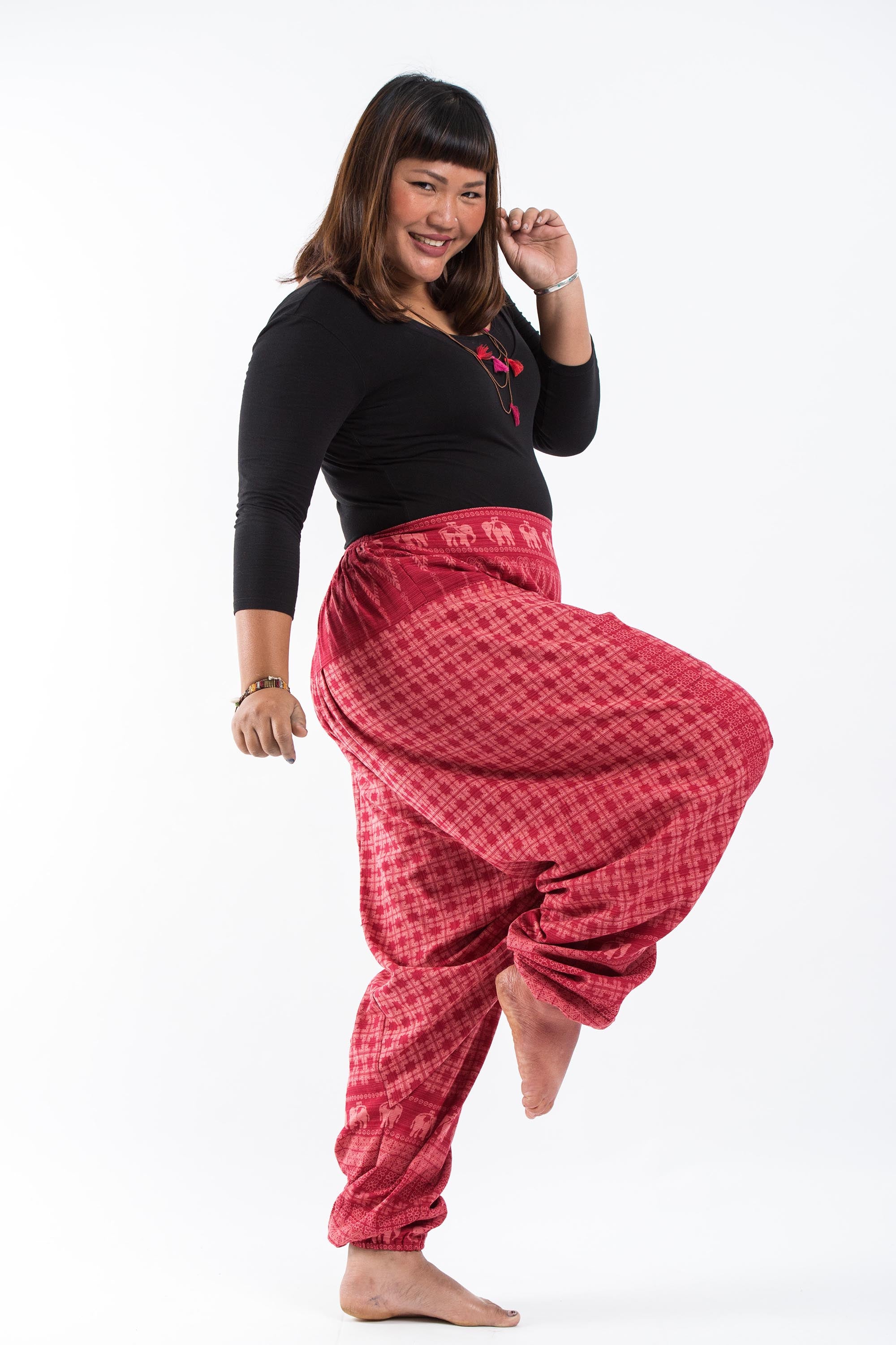 Plus Size Hill Tribe Elephant Women's Elephant Pants in Red