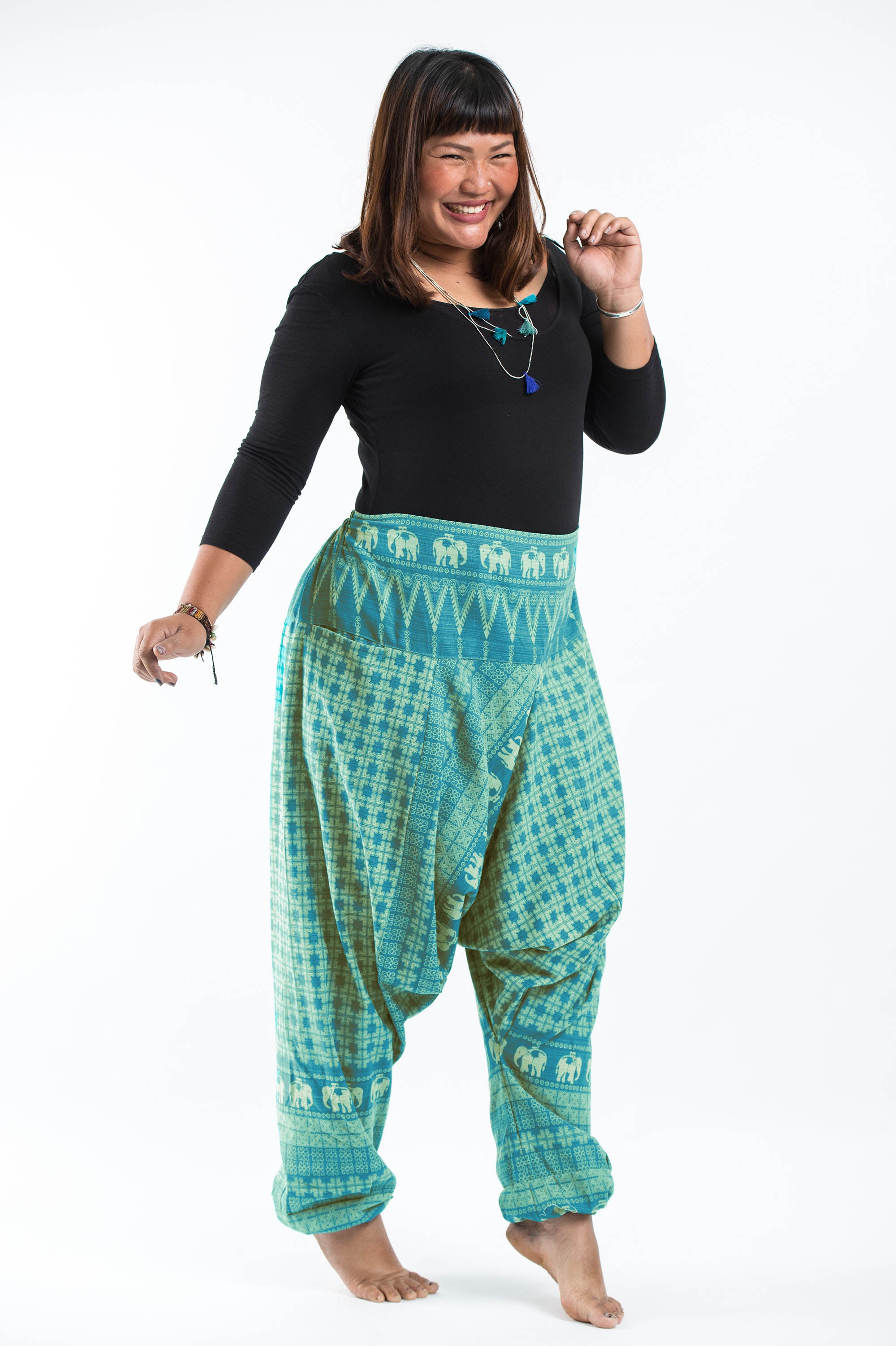 Plus Size Hill Tribe Elephant Women's Elephant Pants in Turquoise