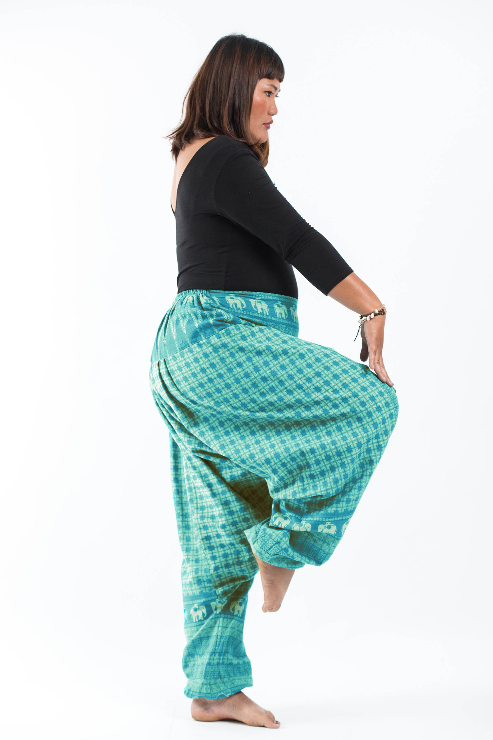 Plus Size Hill Tribe Elephant Women's Elephant Pants in Turquoise