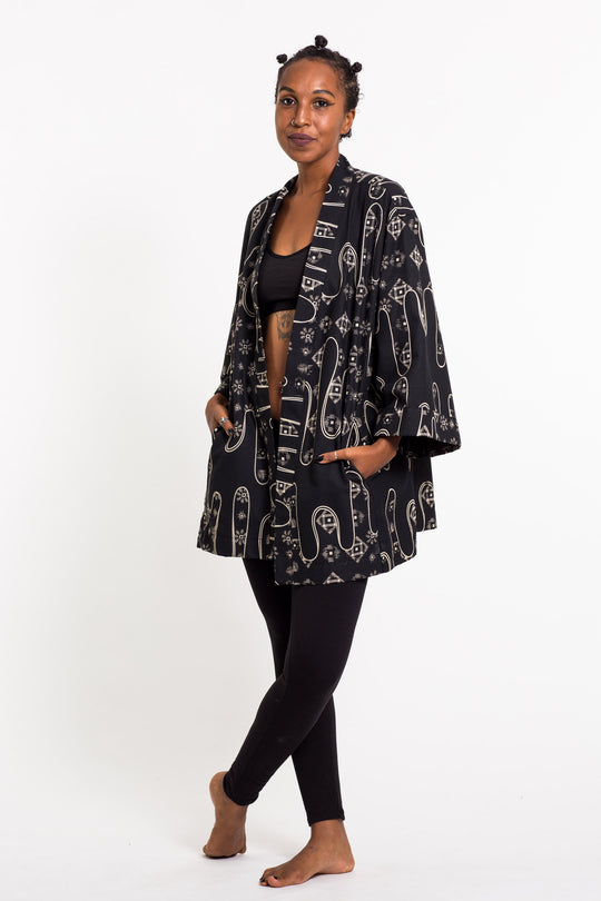 Japanese Print Cotton Kimono Cardigan in Black Harem Pants