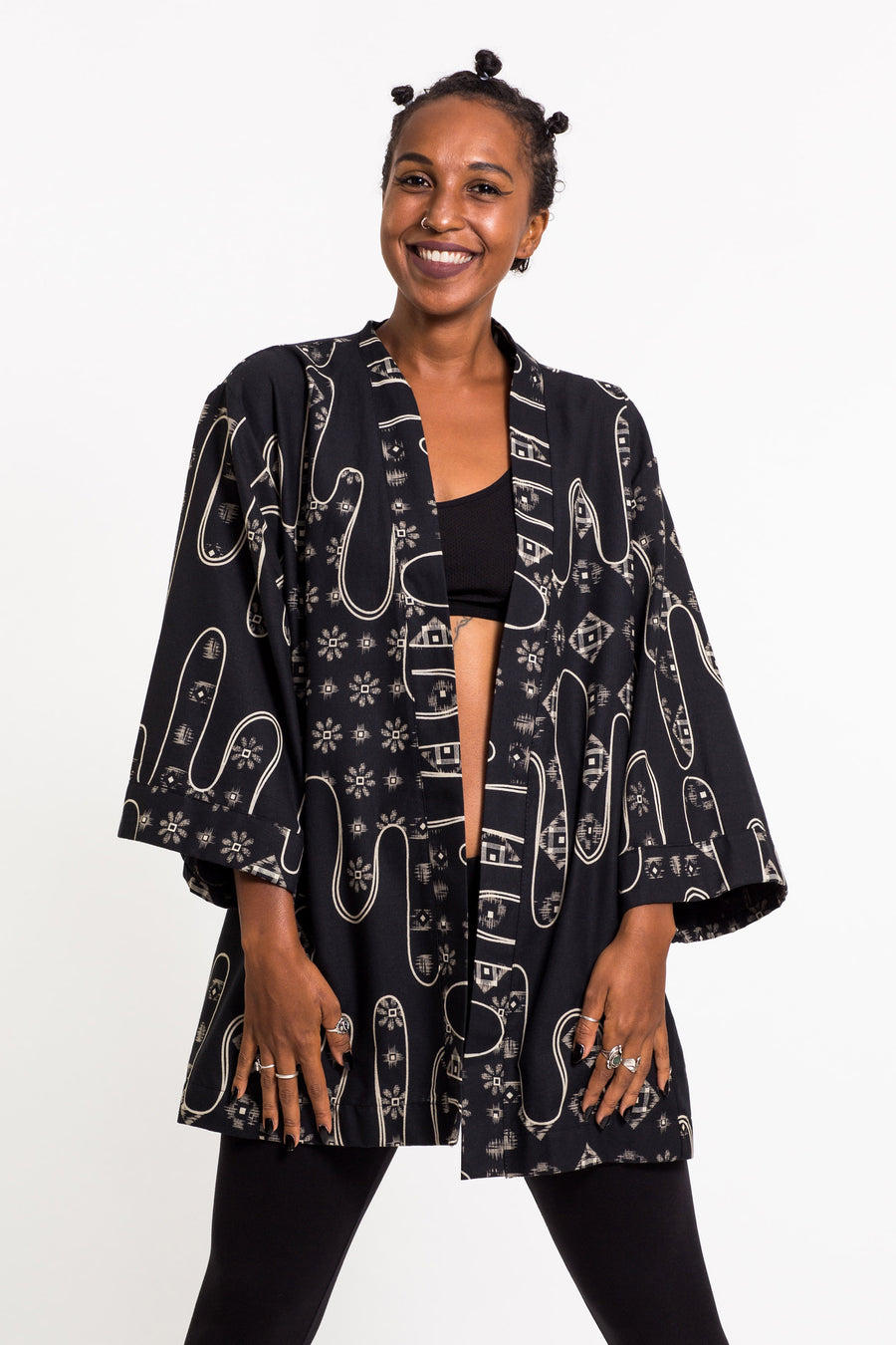 Japanese Print Cotton Kimono Cardigan in Black Harem Pants