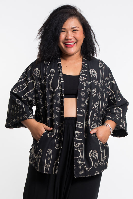 Japanese Print Cotton Kimono Cardigan in Black Harem Pants