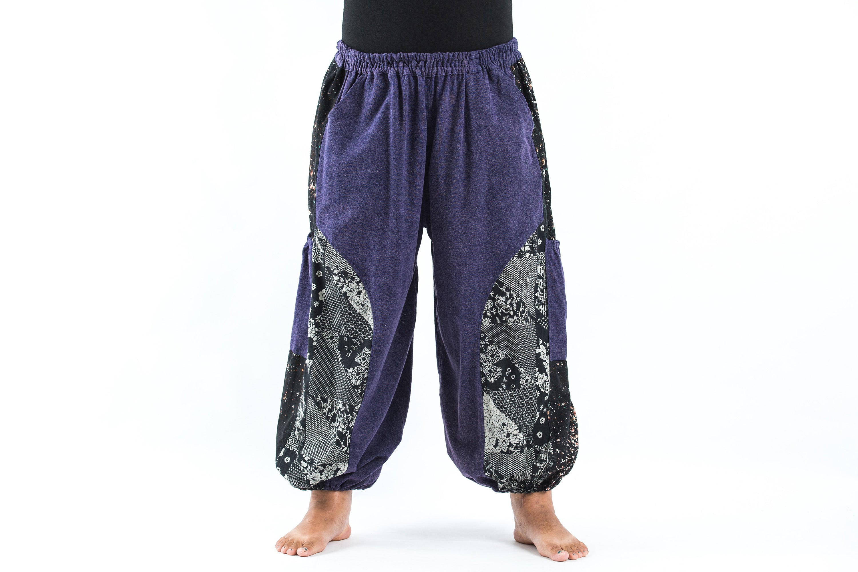 Plus Size Stone Washed Patchwork Women Unisex Pants in Blue