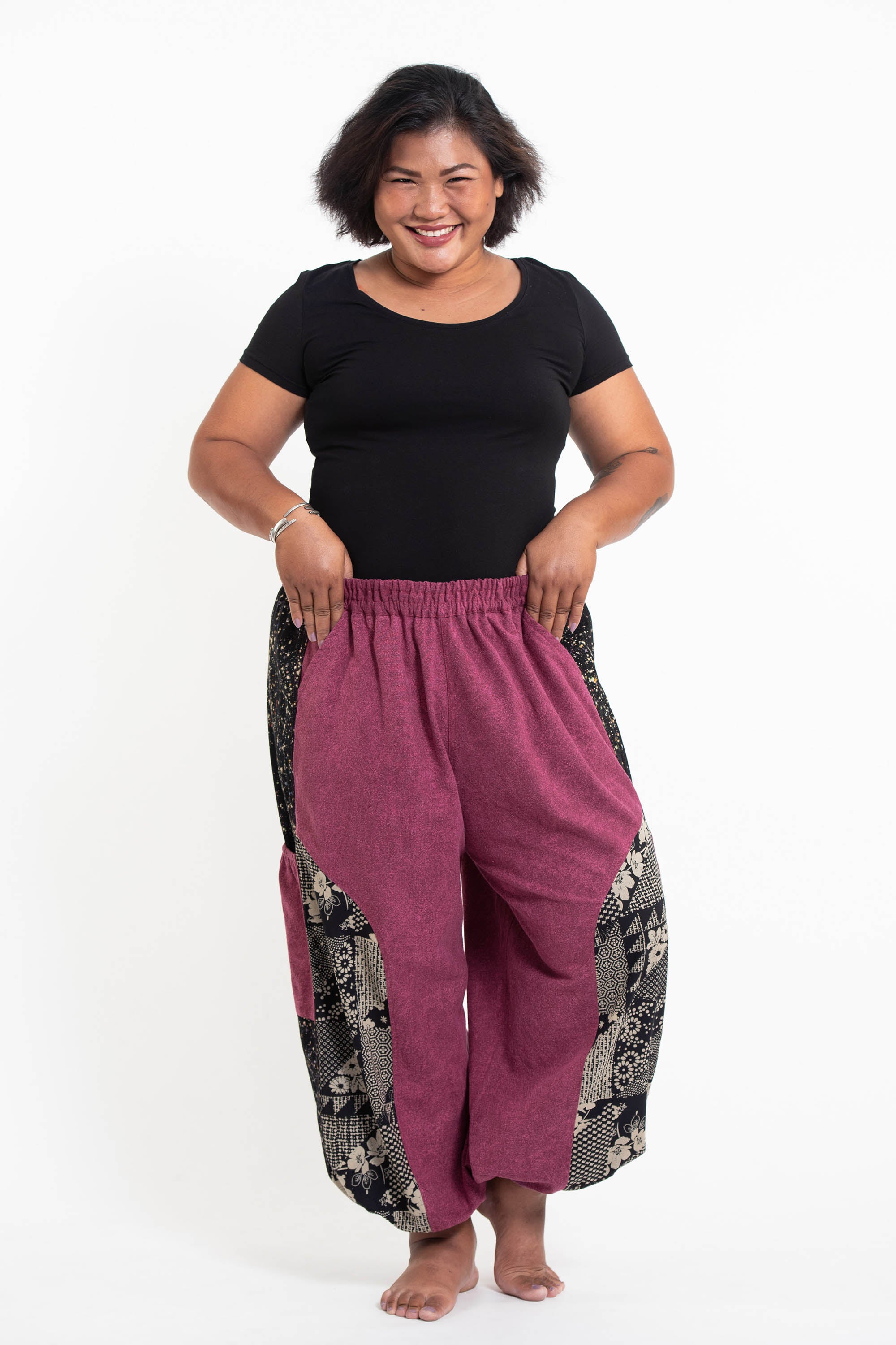 Plus Size Stone Washed Patchwork Women Unisex Pants in Magenta