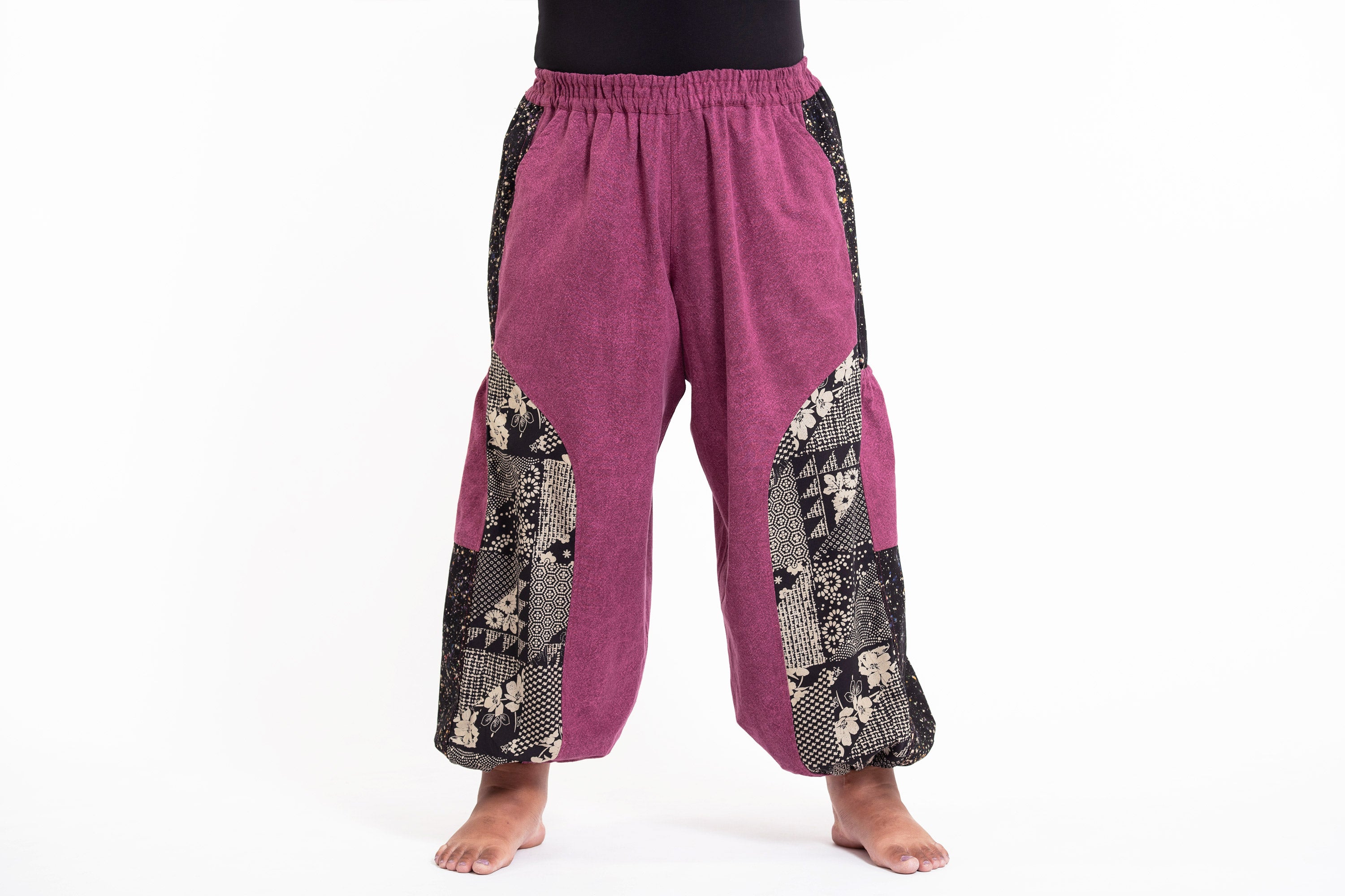 Plus Size Stone Washed Patchwork Women Pants in Pink