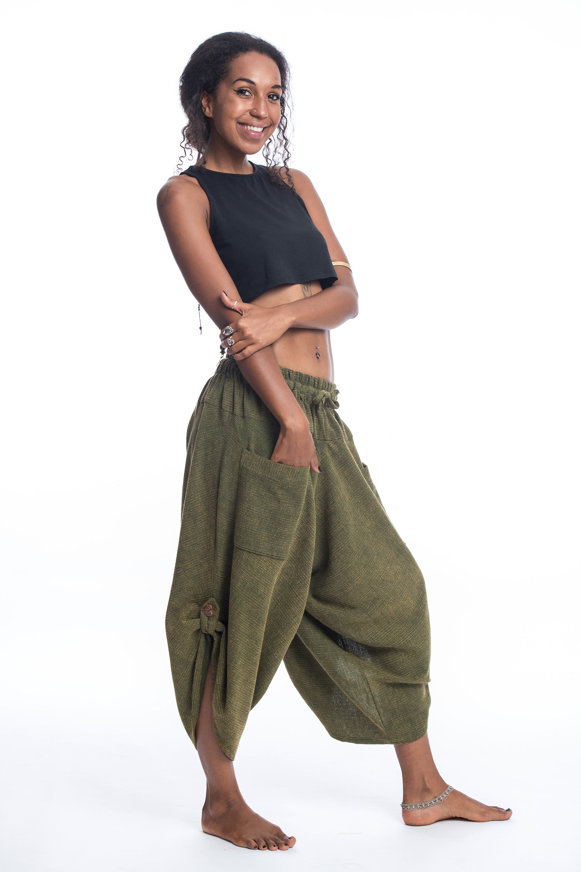 Stone Washed Large Pockets Women's Harem Pants in Green