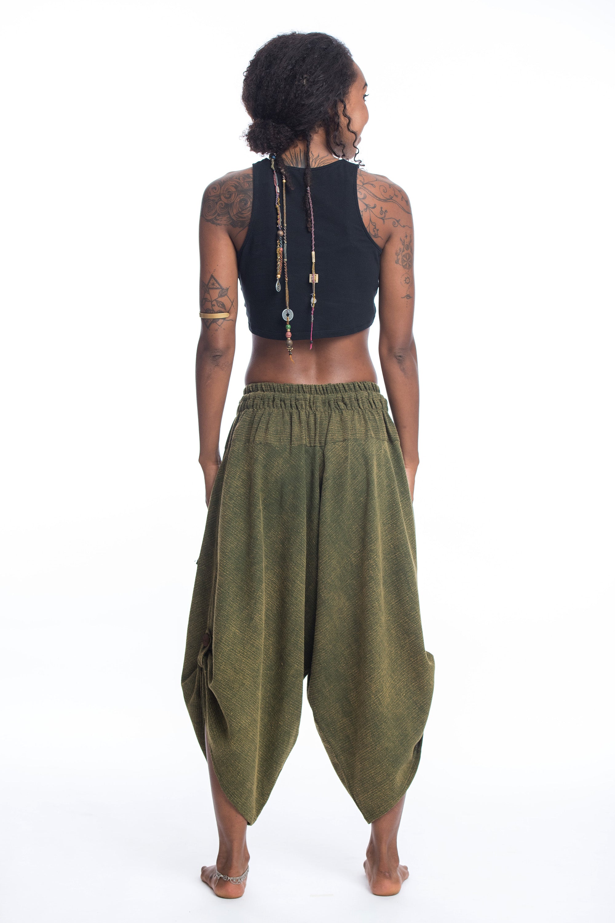 Stone Washed Large Pockets Women's Harem Pants in Green