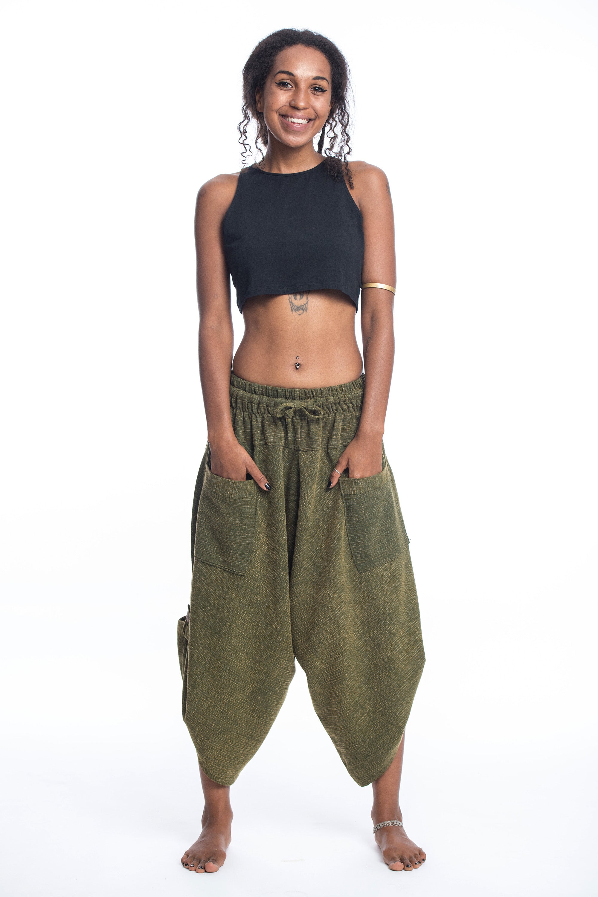 Stone Washed Large Pockets Women's Harem Pants in Green