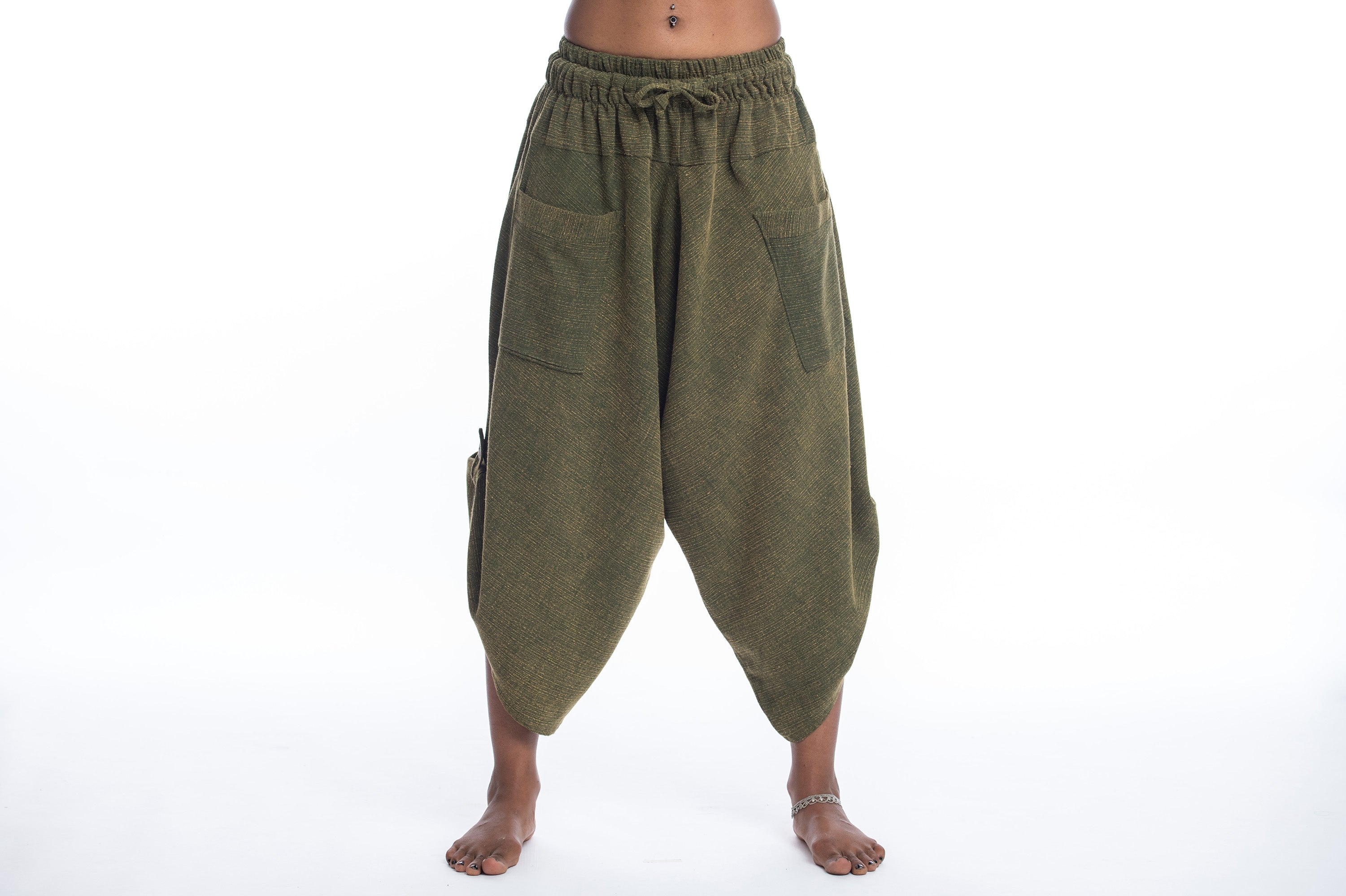 Stone Washed Large Pockets Women's Harem Pants in Green