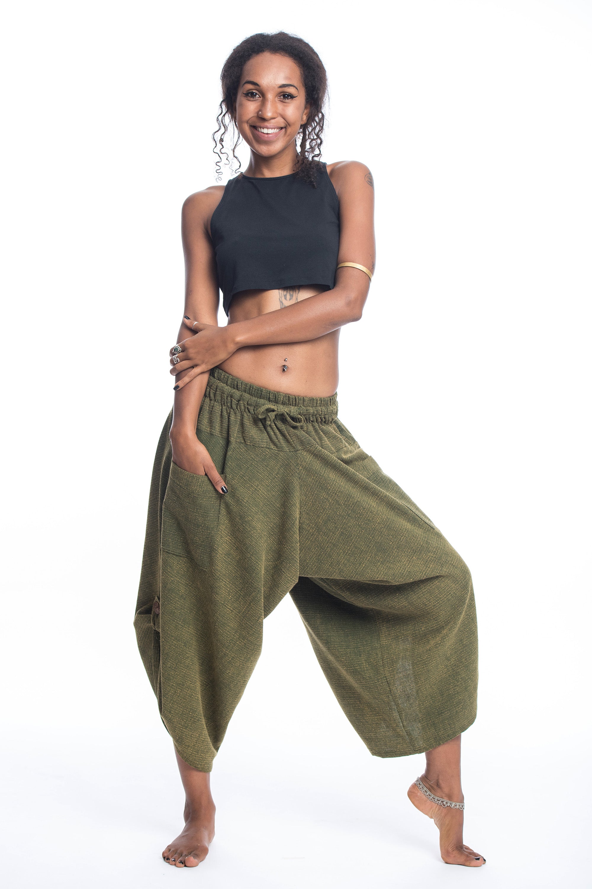 Stone Washed Large Pockets Women's Harem Pants in Green