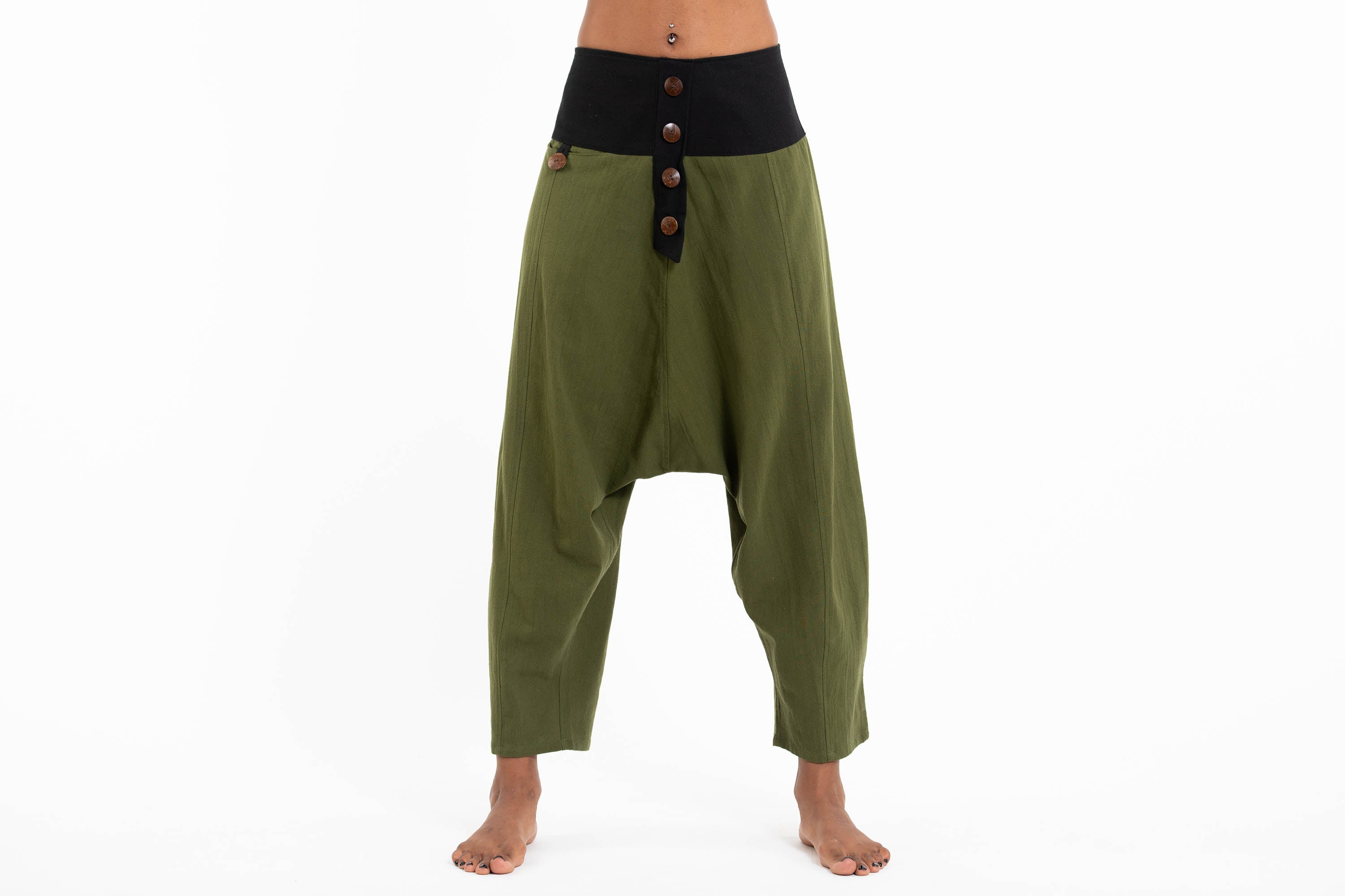 Cotton Women's Harem Pants with Faux Buttons in Green
