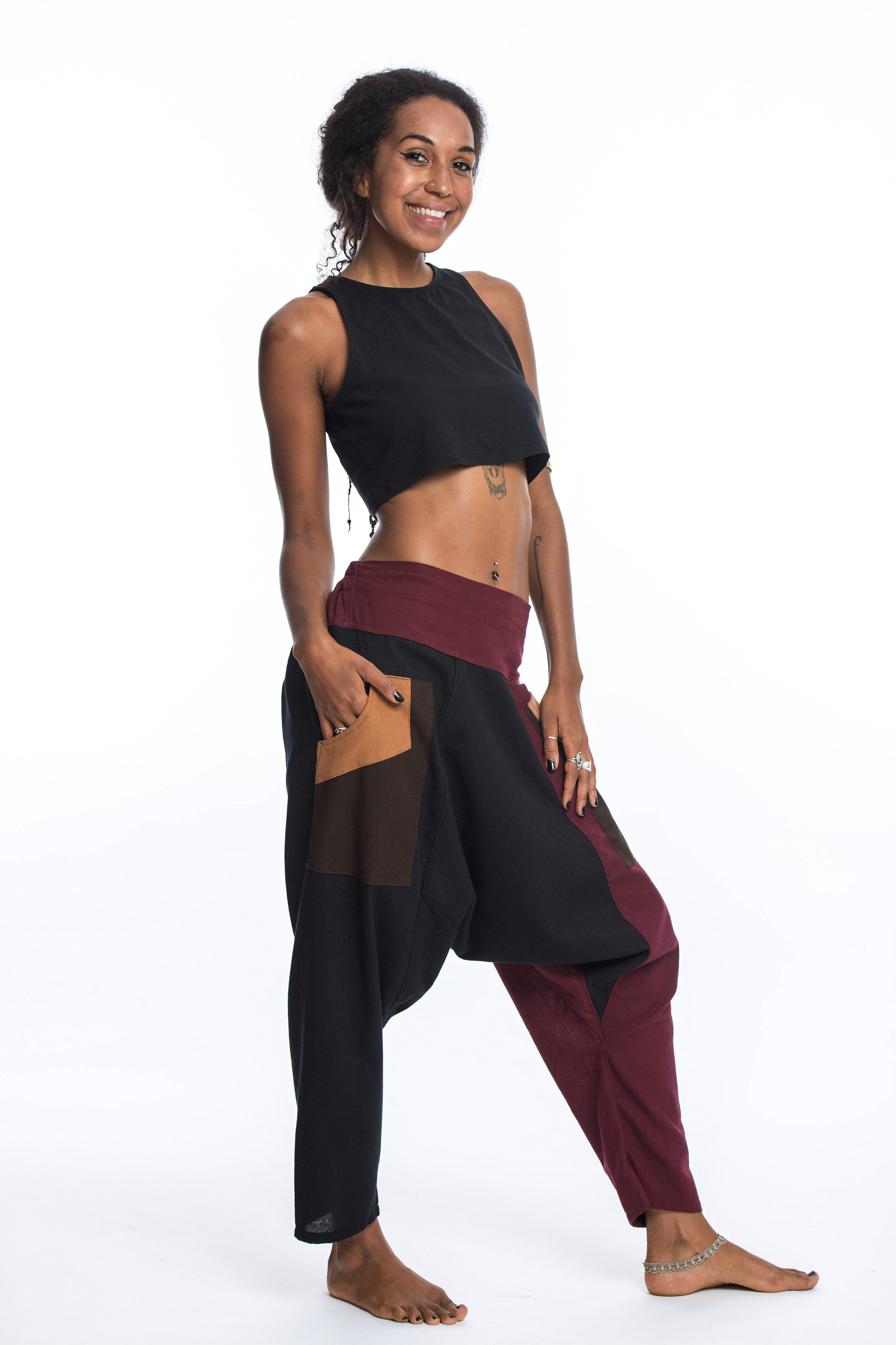 Patchwork Cotton Women's Harem Pants in Black