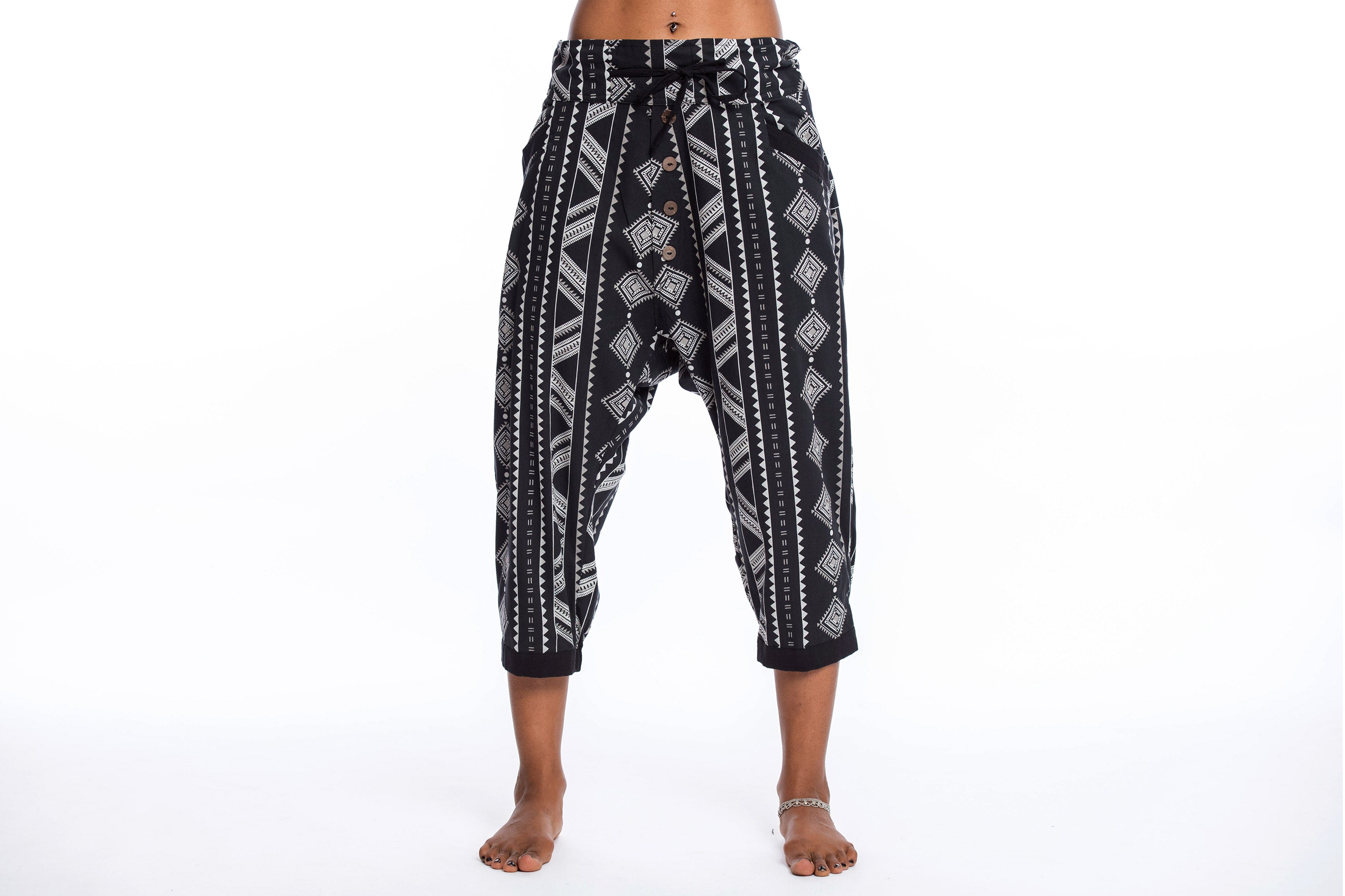 Diamonds Women's Harem Pants with Faux Buttons in Black