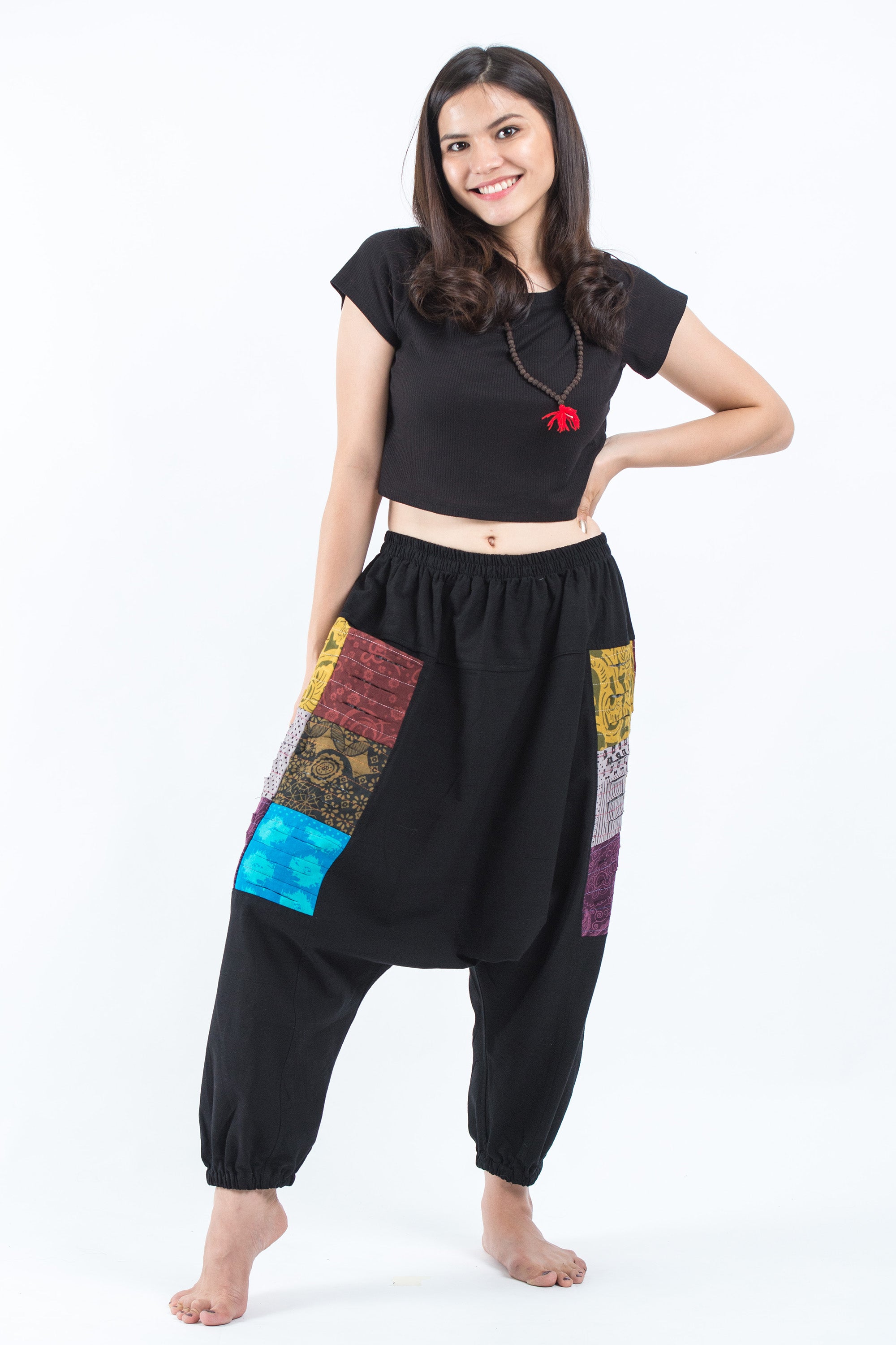 Ripped Patchwork Cotton Women's Harem Pants In Black
