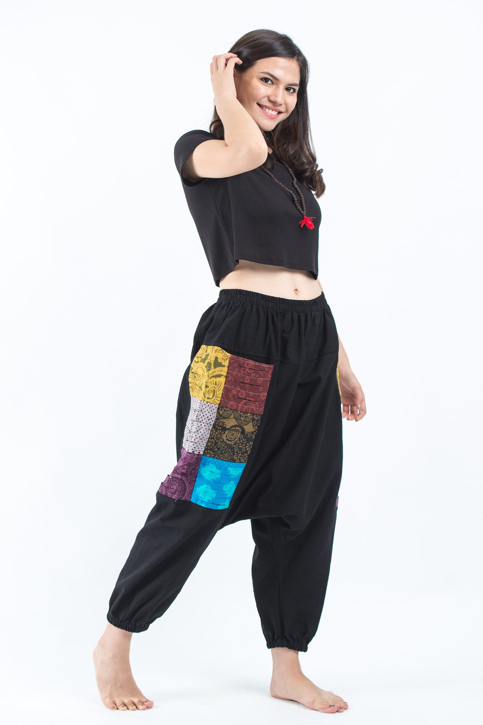 Ripped Patchwork Cotton Women's Harem Pants In Black