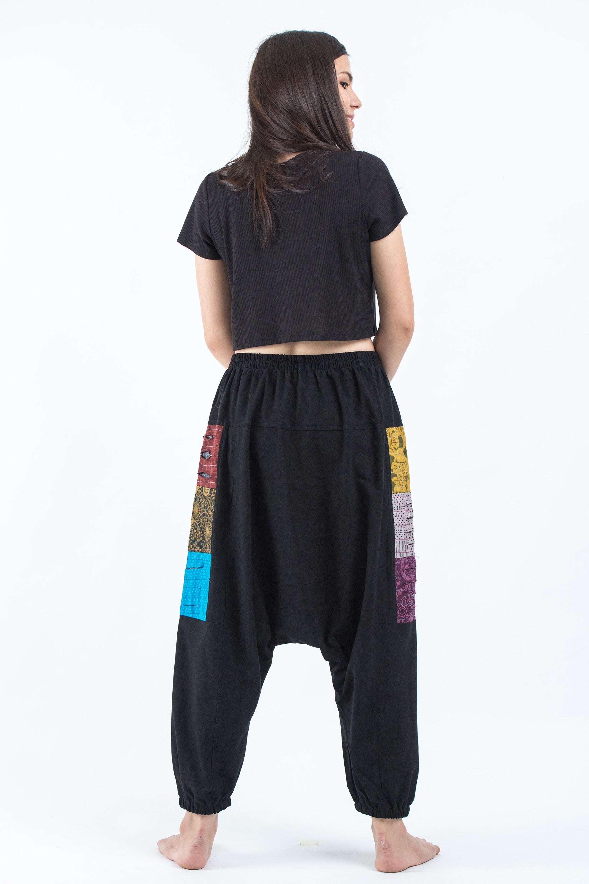 Ripped Patchwork Cotton Women's Harem Pants In Black