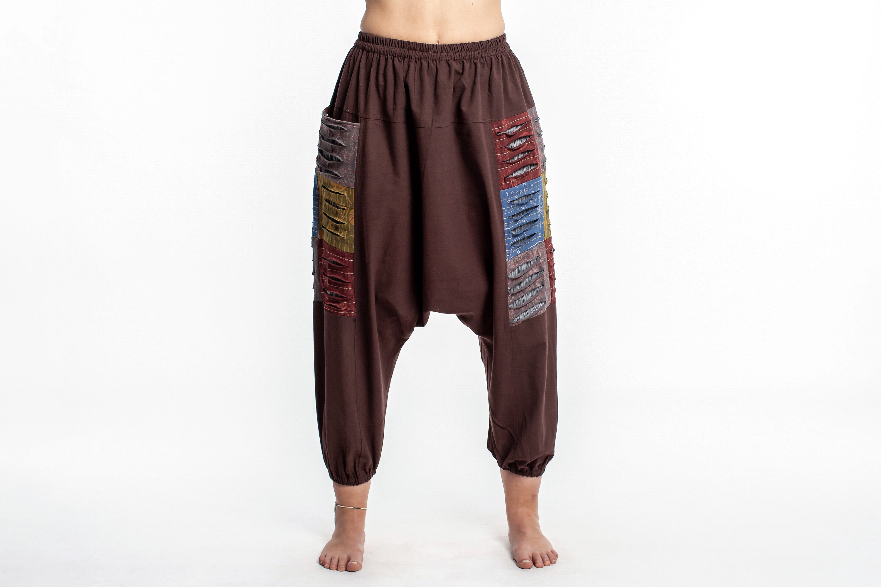 Ripped Patchwork Cotton Women's Harem Pants In Brown