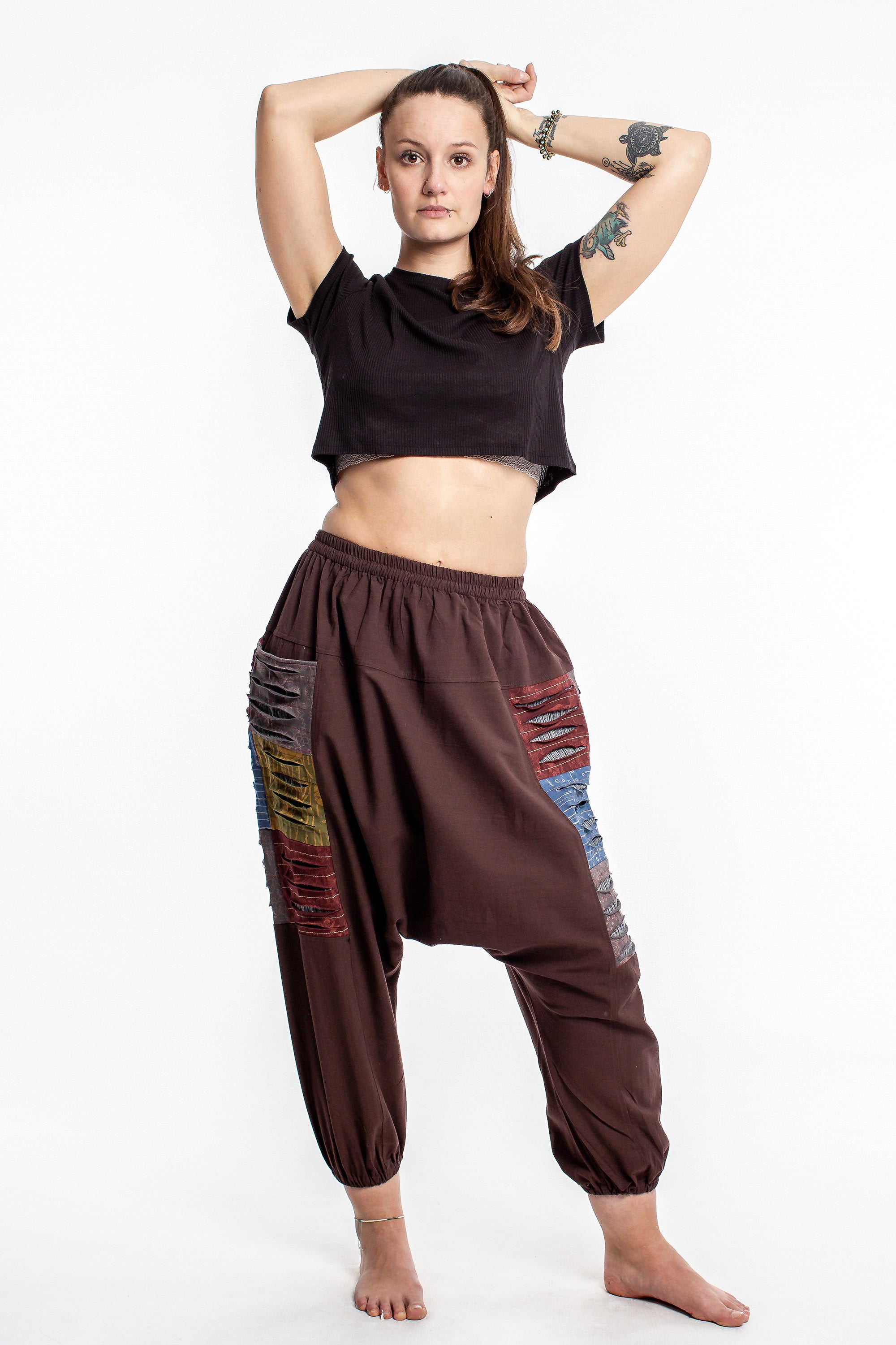 Ripped Patchwork Cotton Women's Harem Pants In Brown