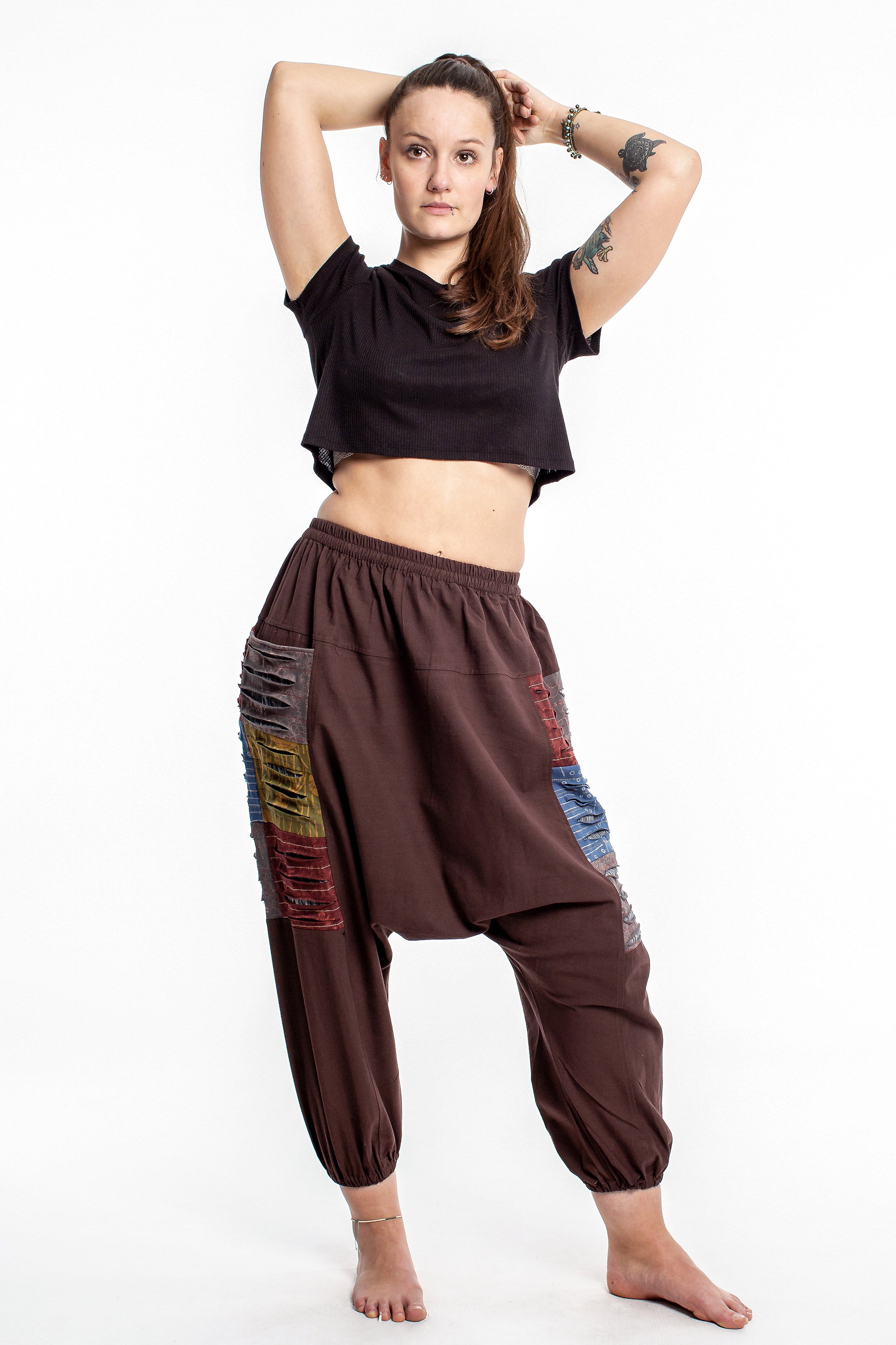Ripped Patchwork Cotton Women's Harem Pants In Brown