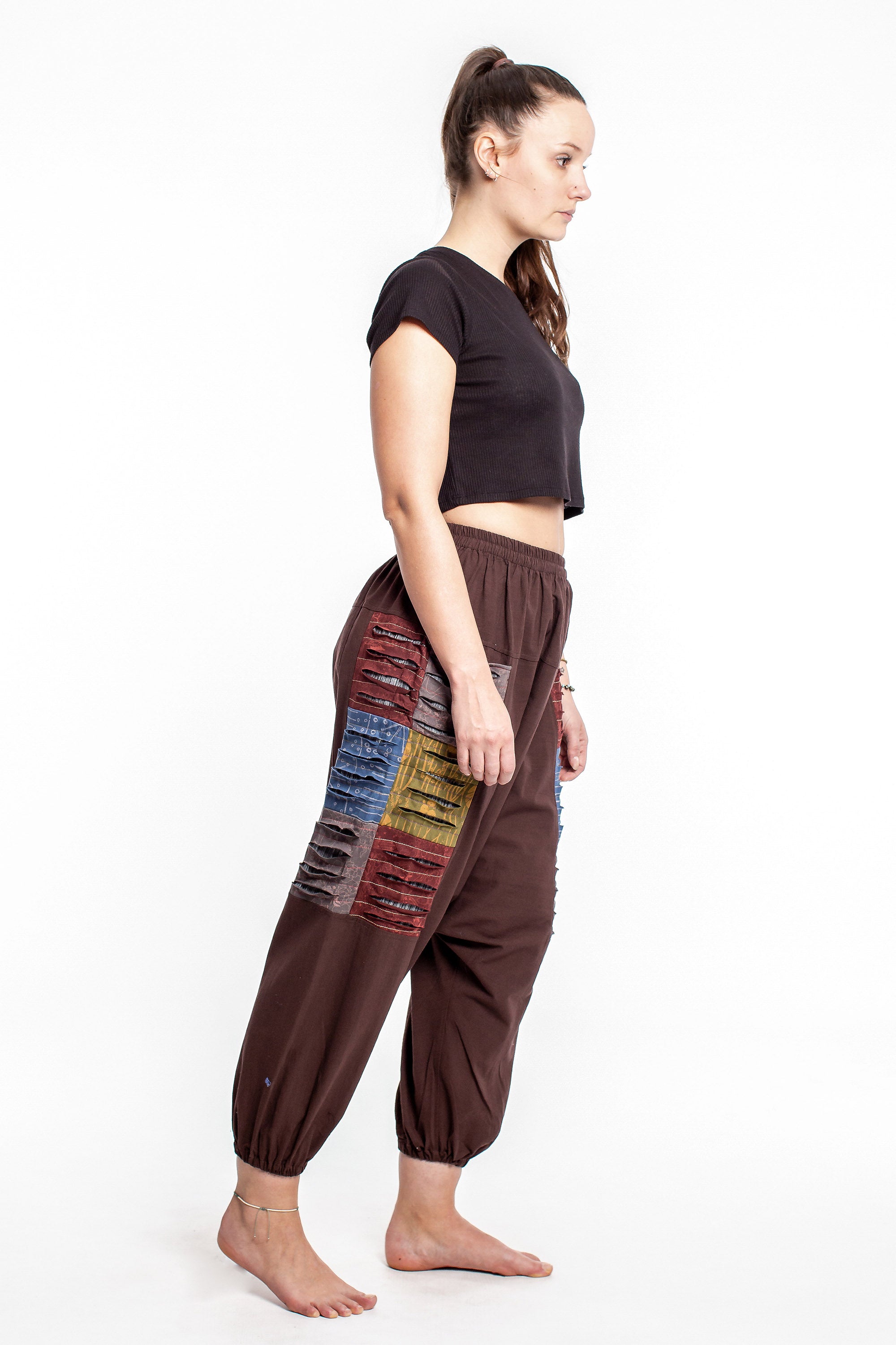 Ripped Patchwork Cotton Women's Harem Pants In Brown