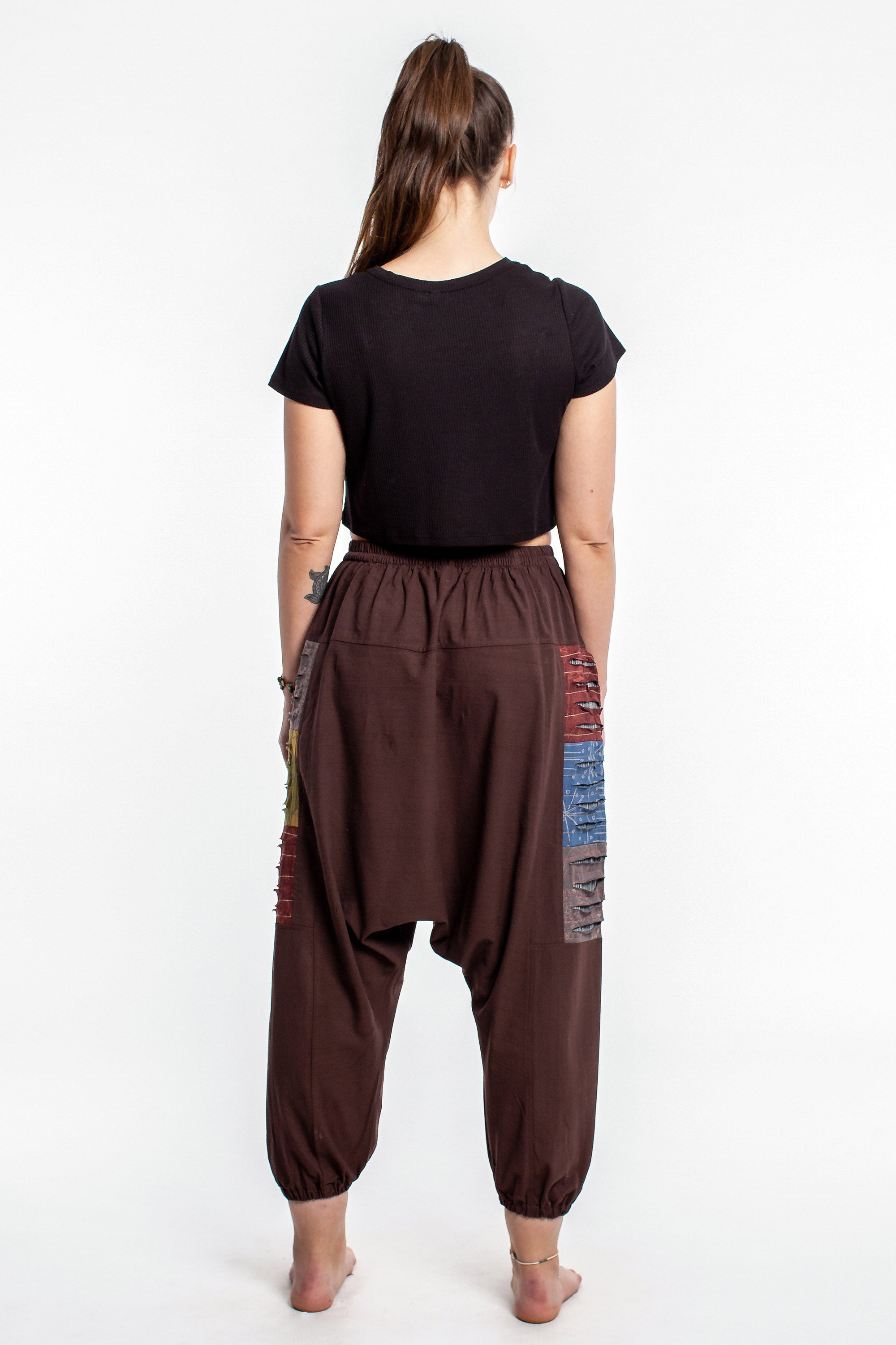 Ripped Patchwork Cotton Women's Harem Pants In Brown