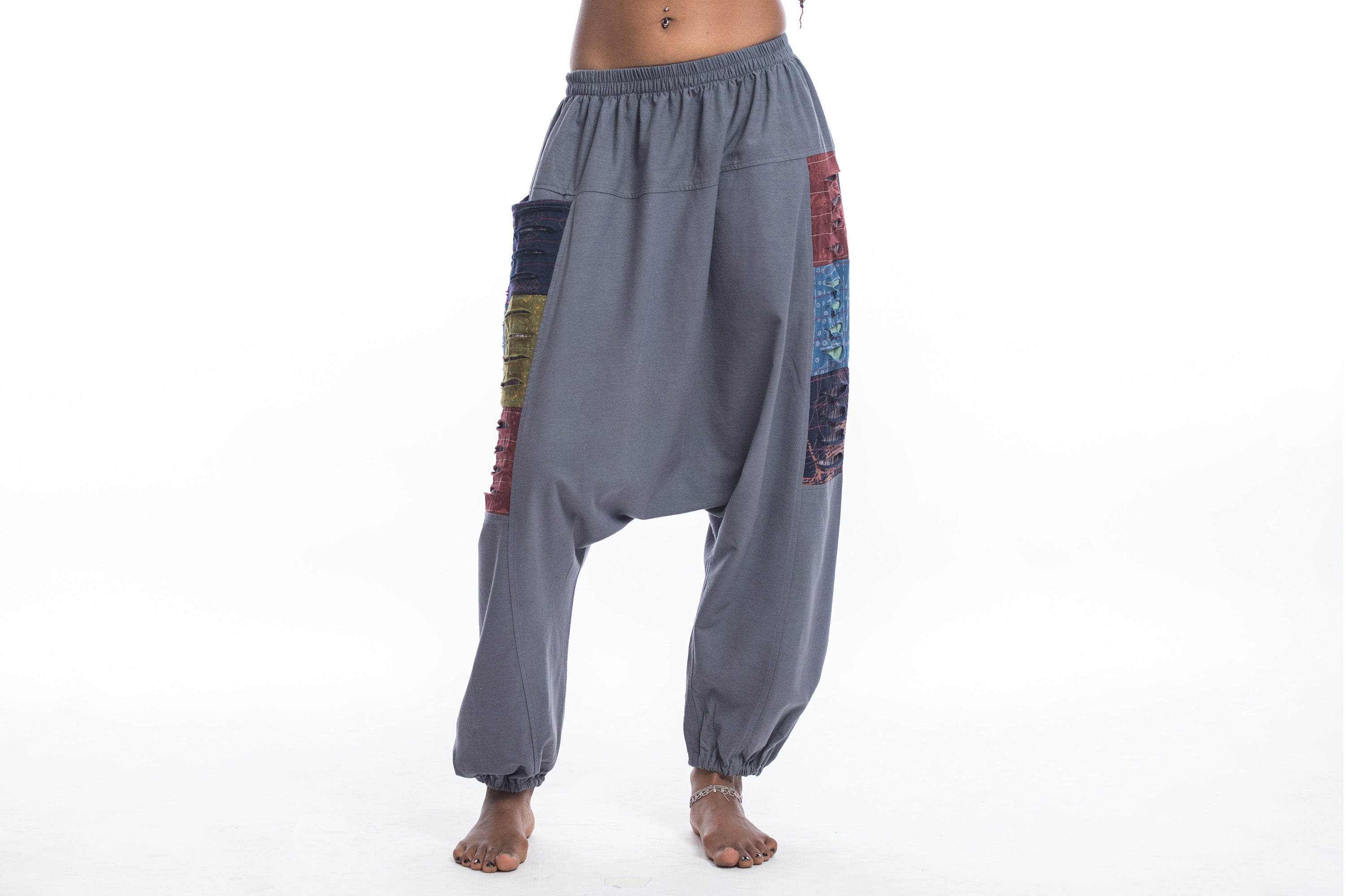Ripped Patchwork Cotton Women's Harem Pants In Gray