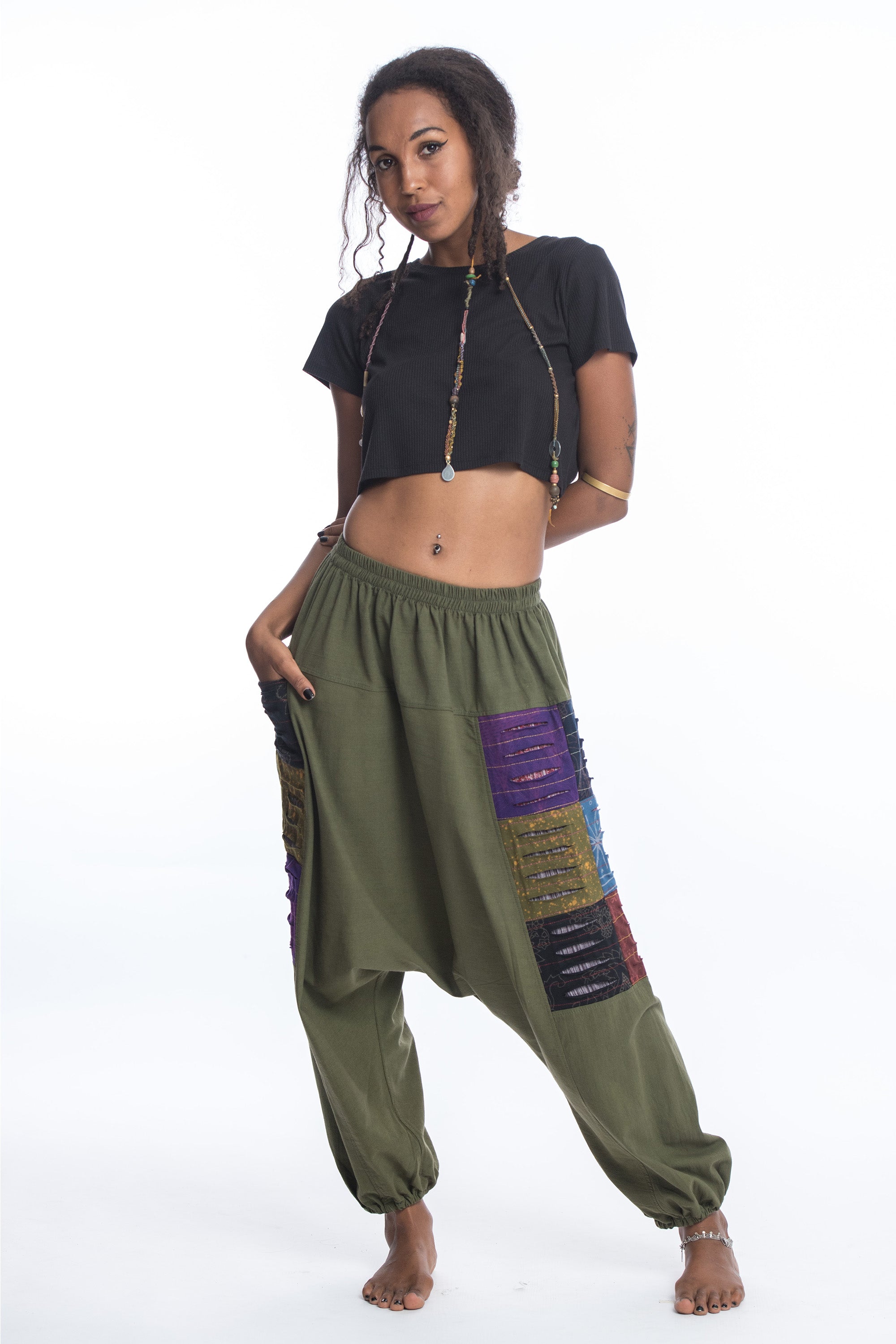 Ripped Patchwork Cotton Women's Harem Pants In Green