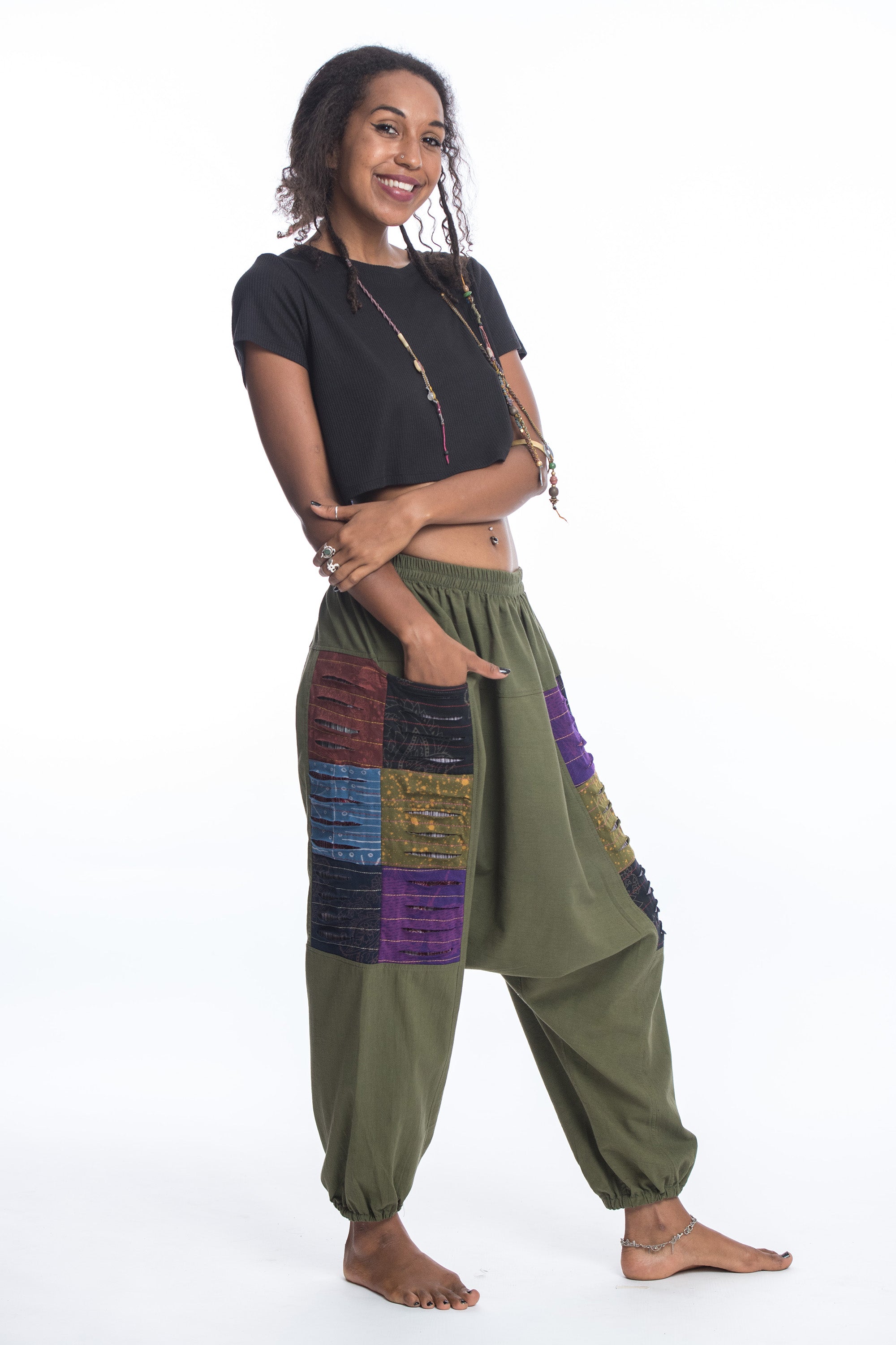 Ripped Patchwork Cotton Women's Harem Pants In Green