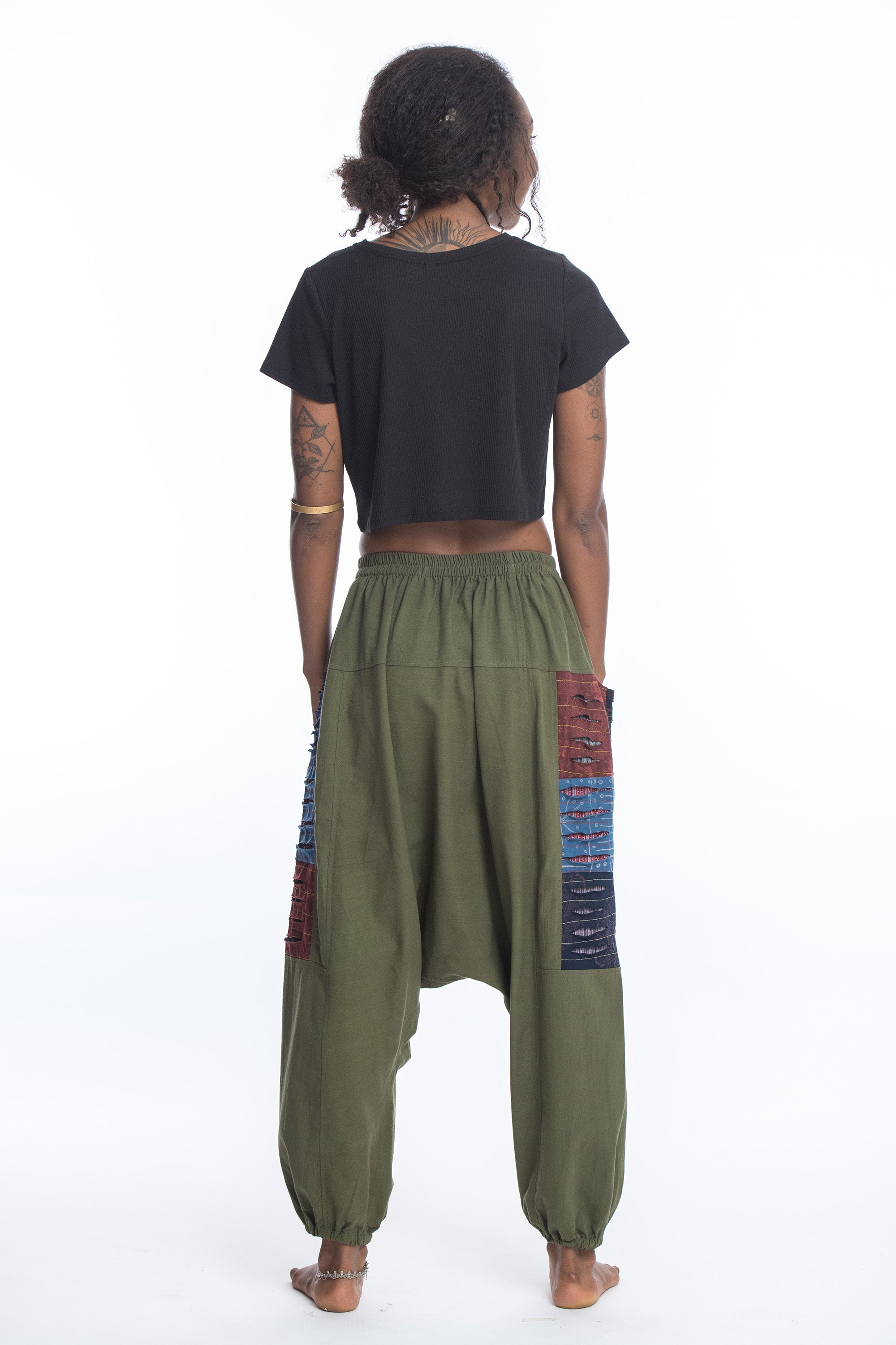 Ripped Patchwork Cotton Women's Harem Pants In Green