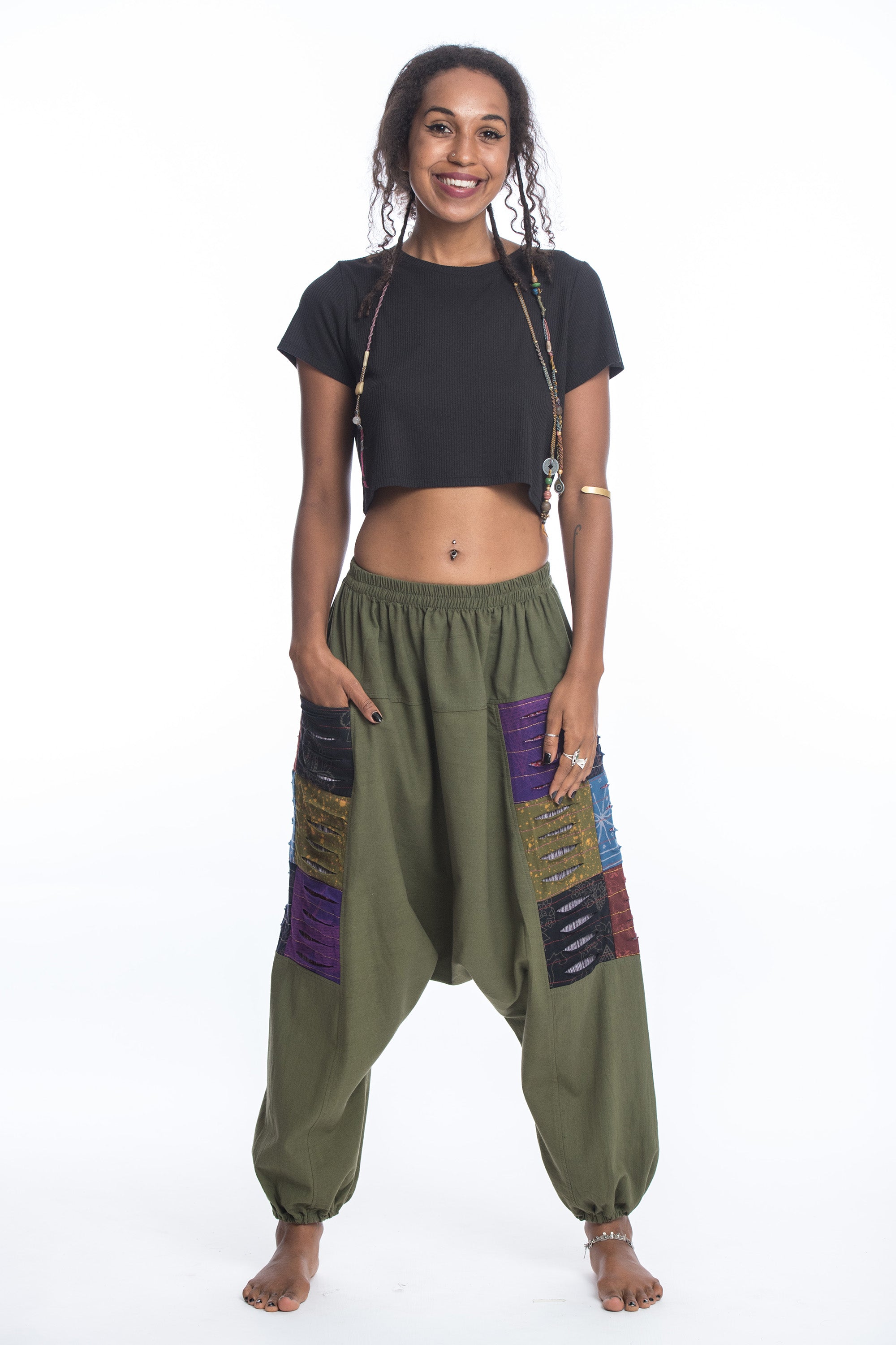 Ripped Patchwork Cotton Women's Harem Pants In Green
