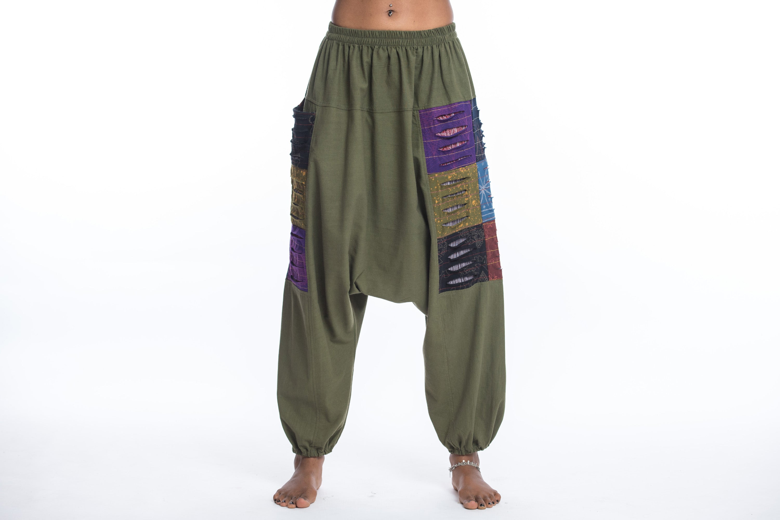 Ripped Patchwork Cotton Women's Harem Pants In Green