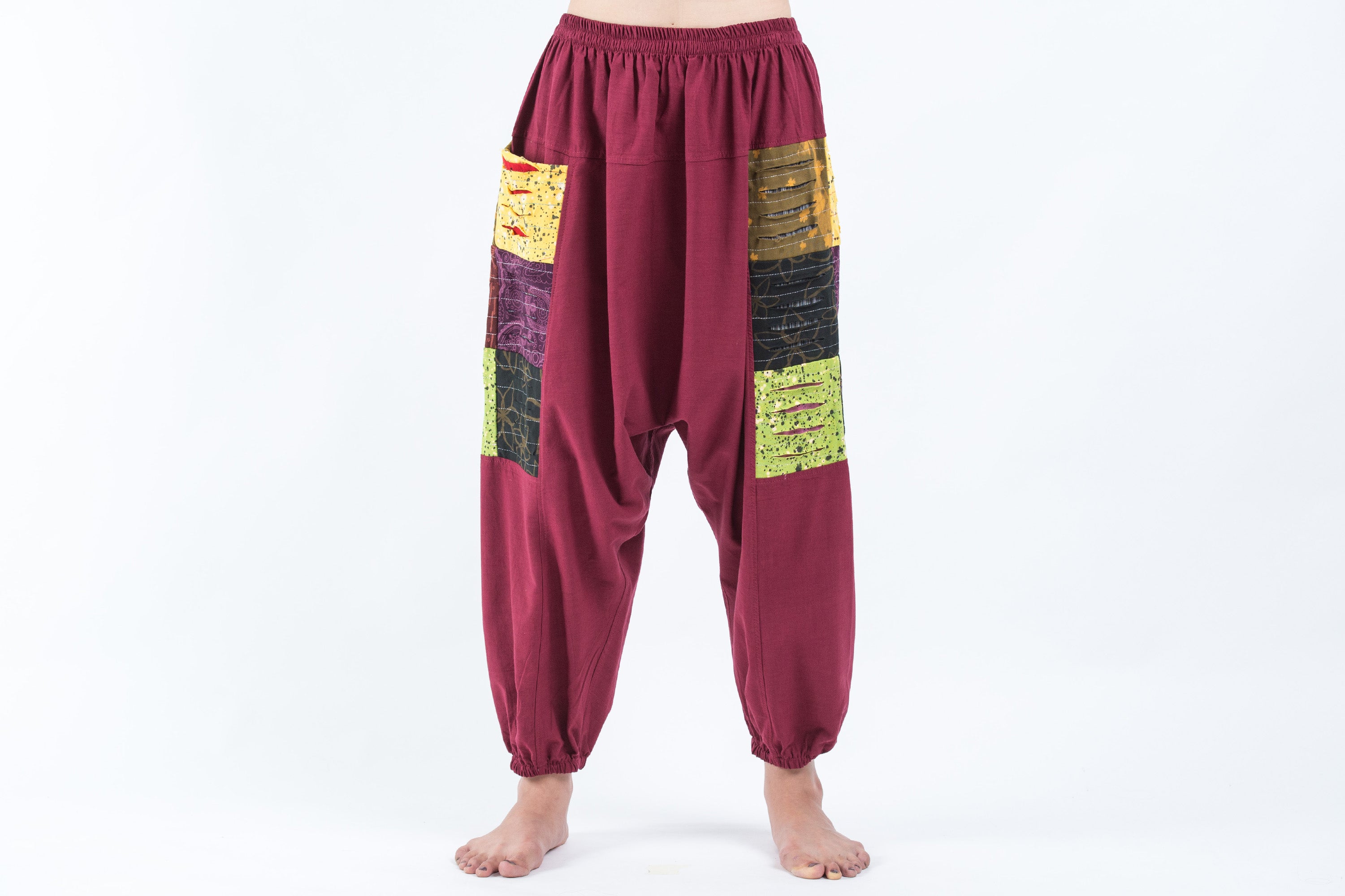 Ripped Patchwork Cotton Women's Harem Pants In Maroon