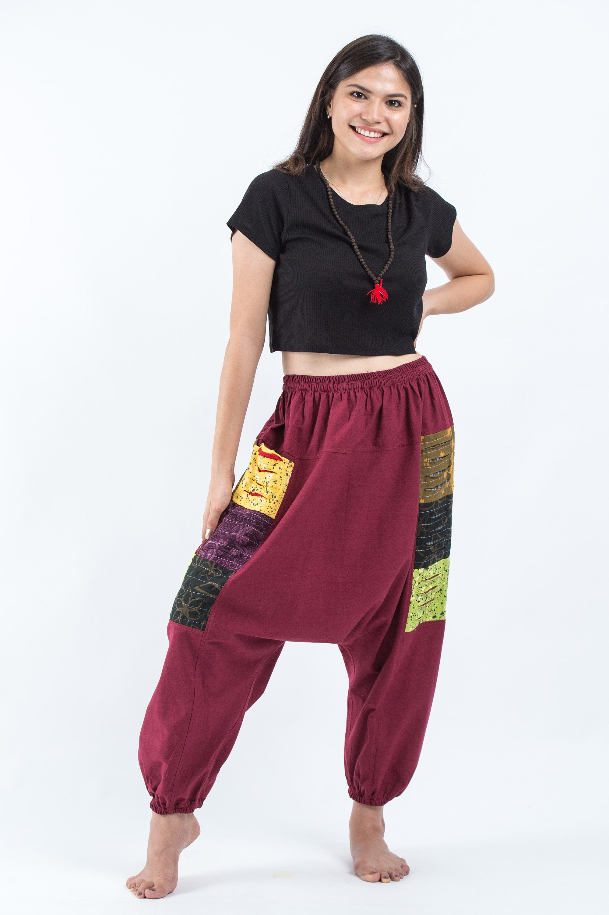 Ripped Patchwork Cotton Women's Harem Pants In Maroon