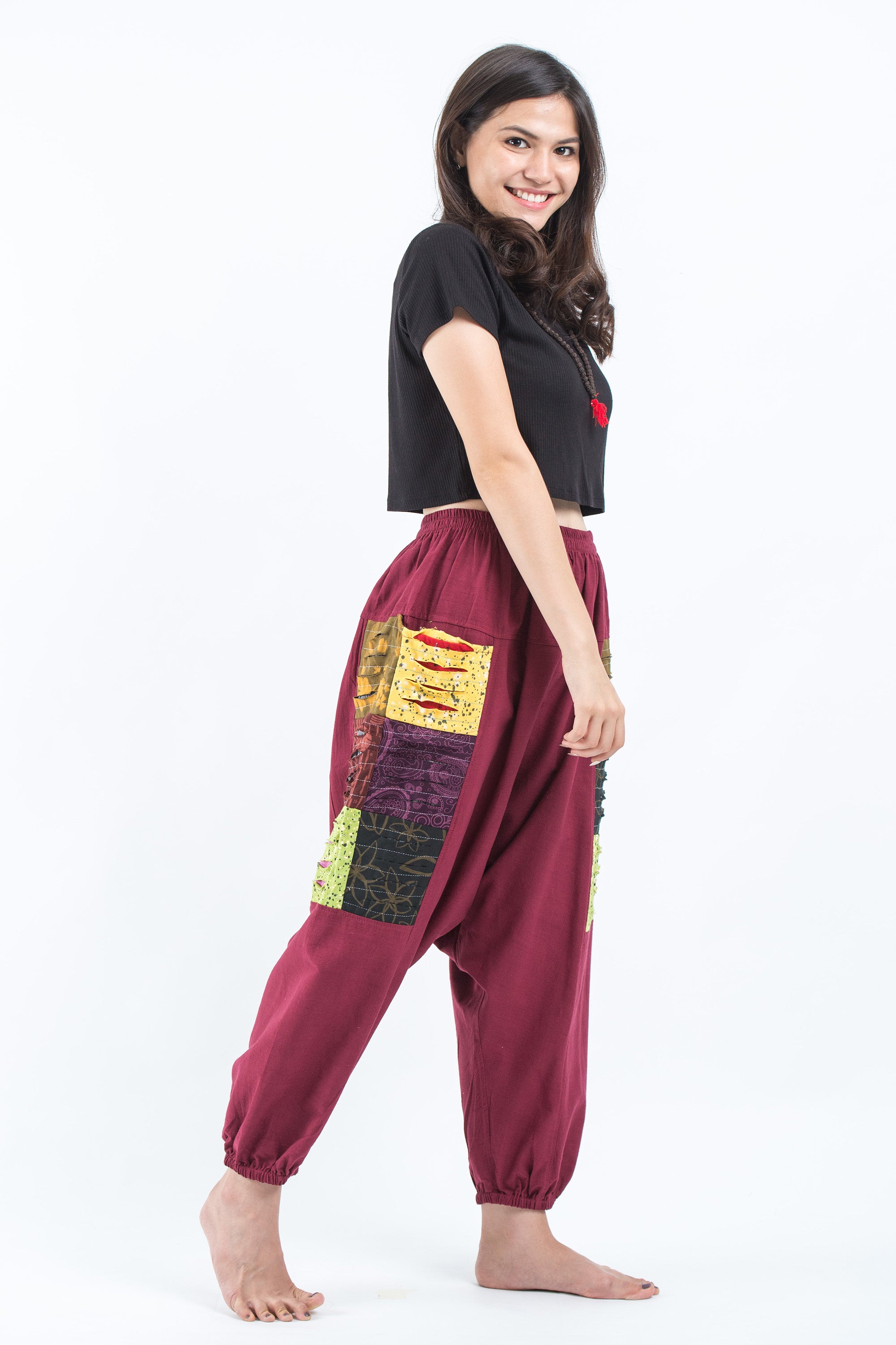 Ripped Patchwork Cotton Women's Harem Pants In Maroon