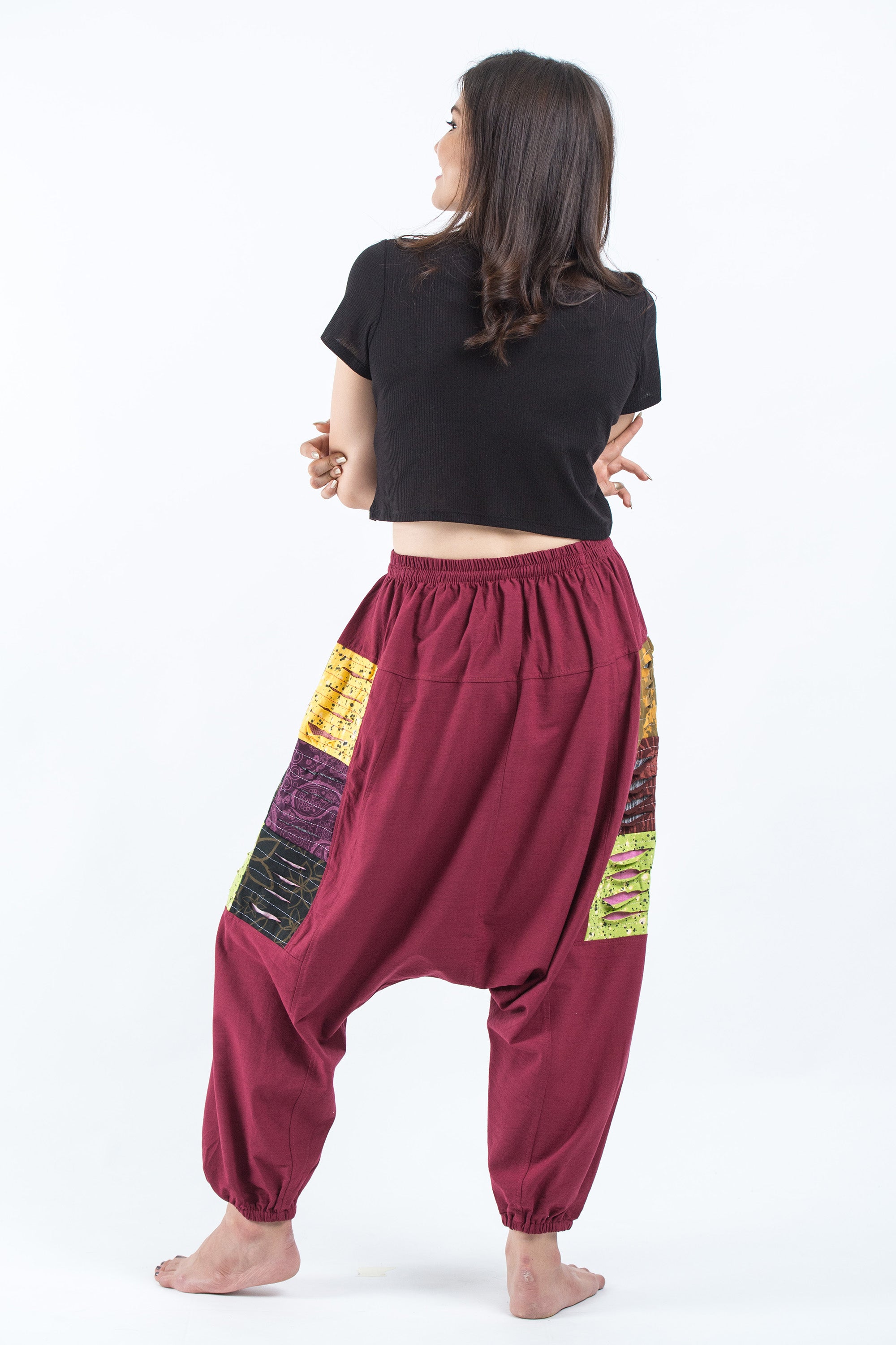 Ripped Patchwork Cotton Women's Harem Pants In Maroon